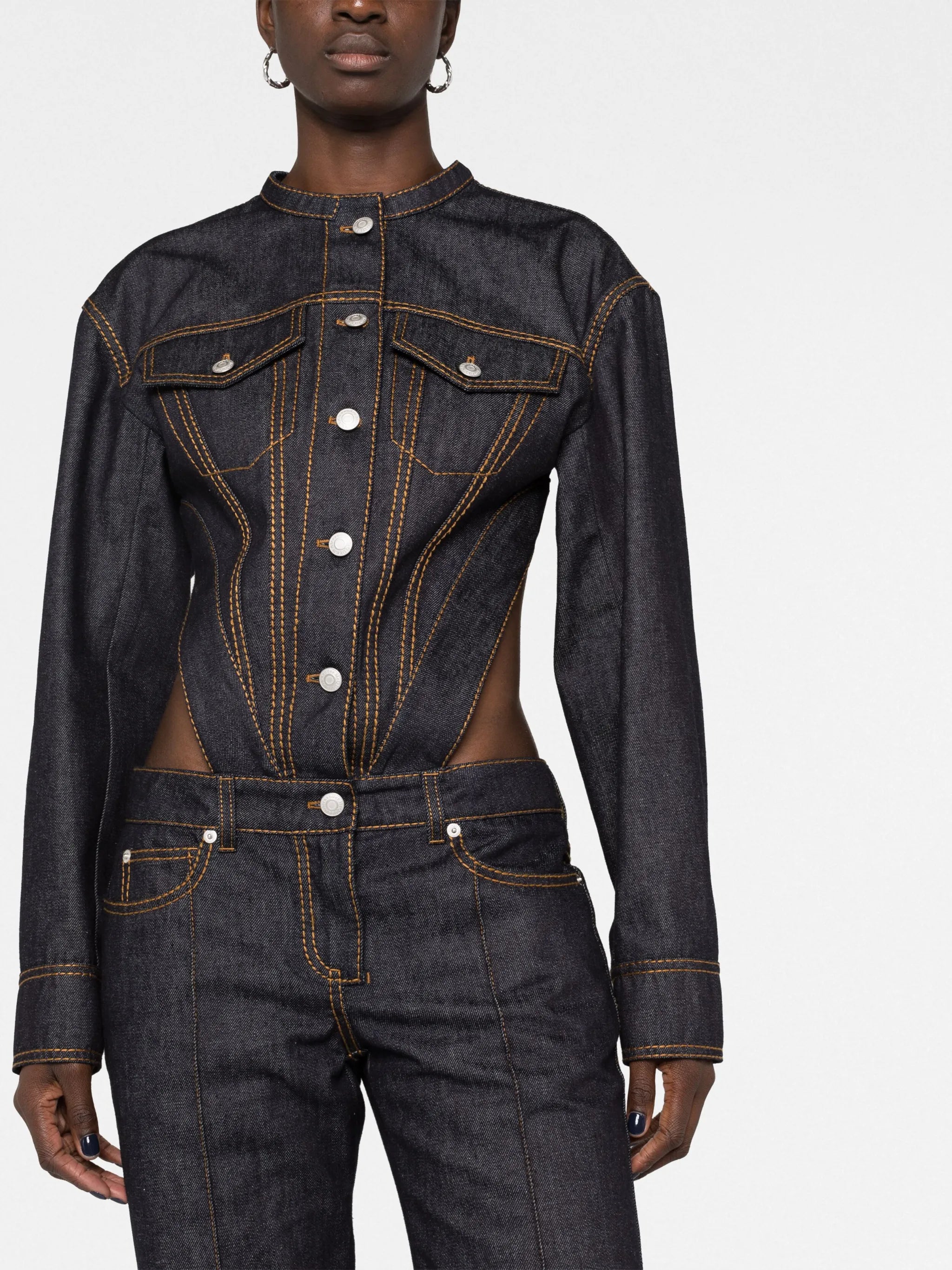 button-up backless denim jumpsuit