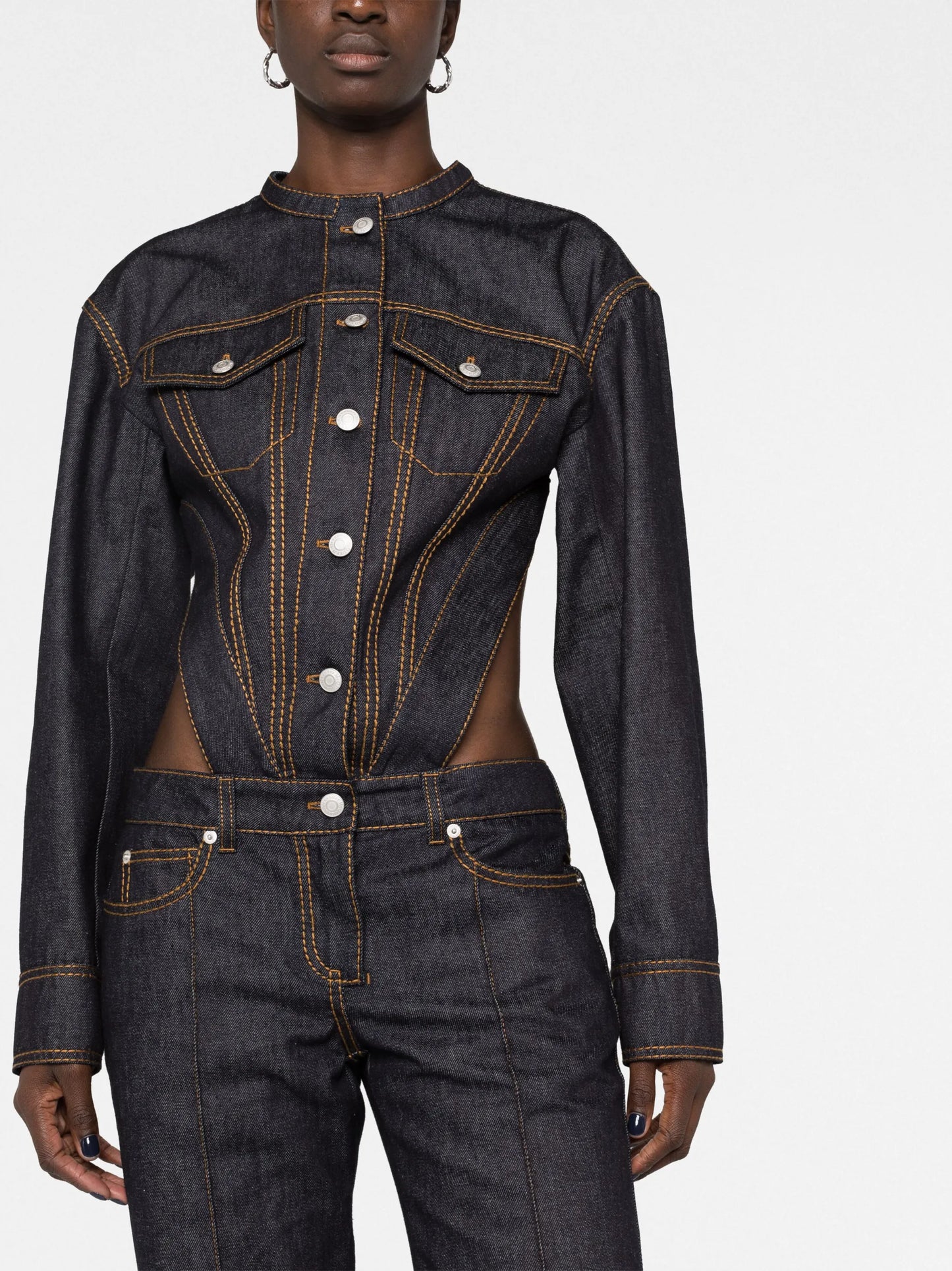 button-up backless denim jumpsuit