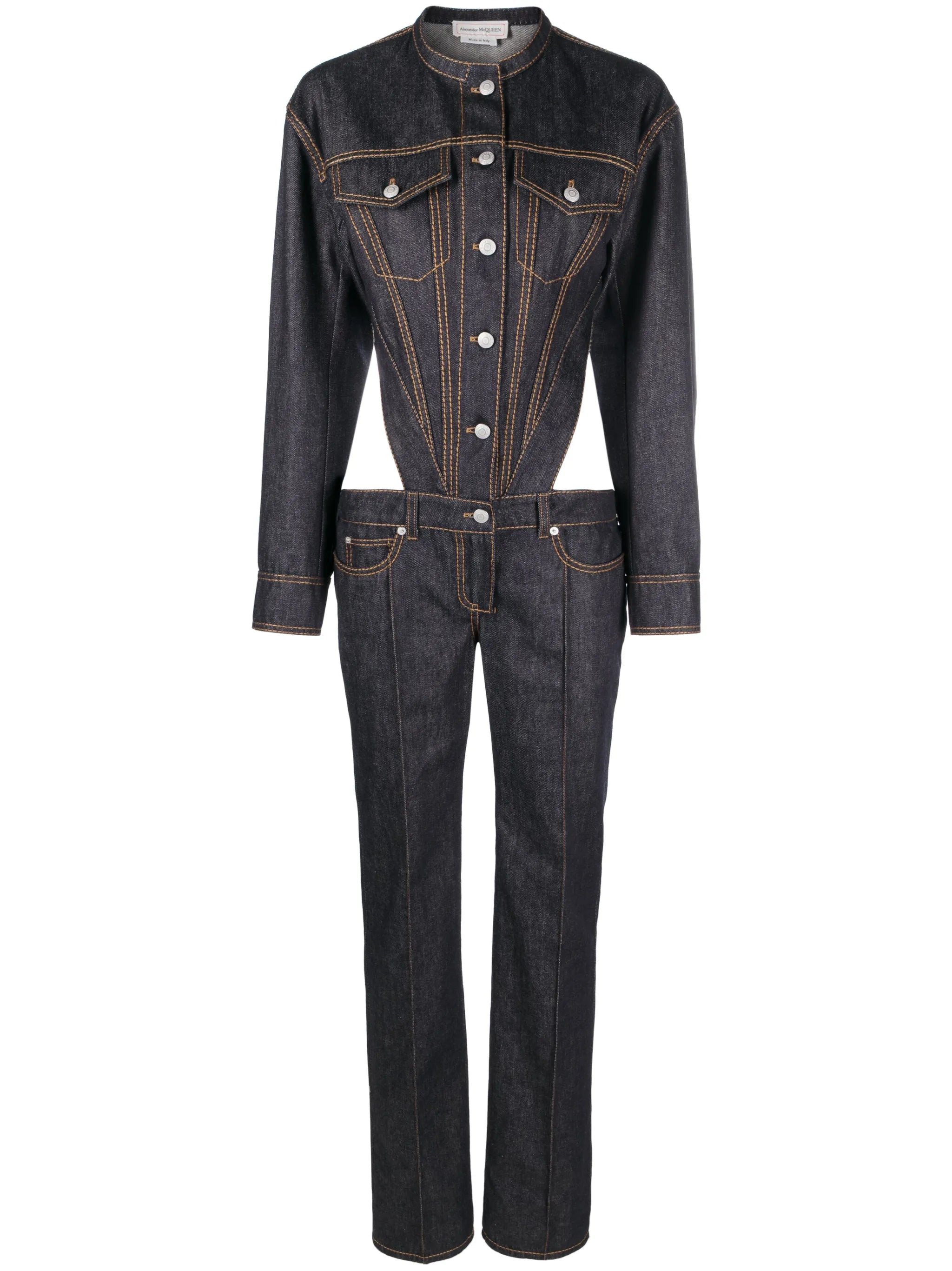 button-up backless denim jumpsuit