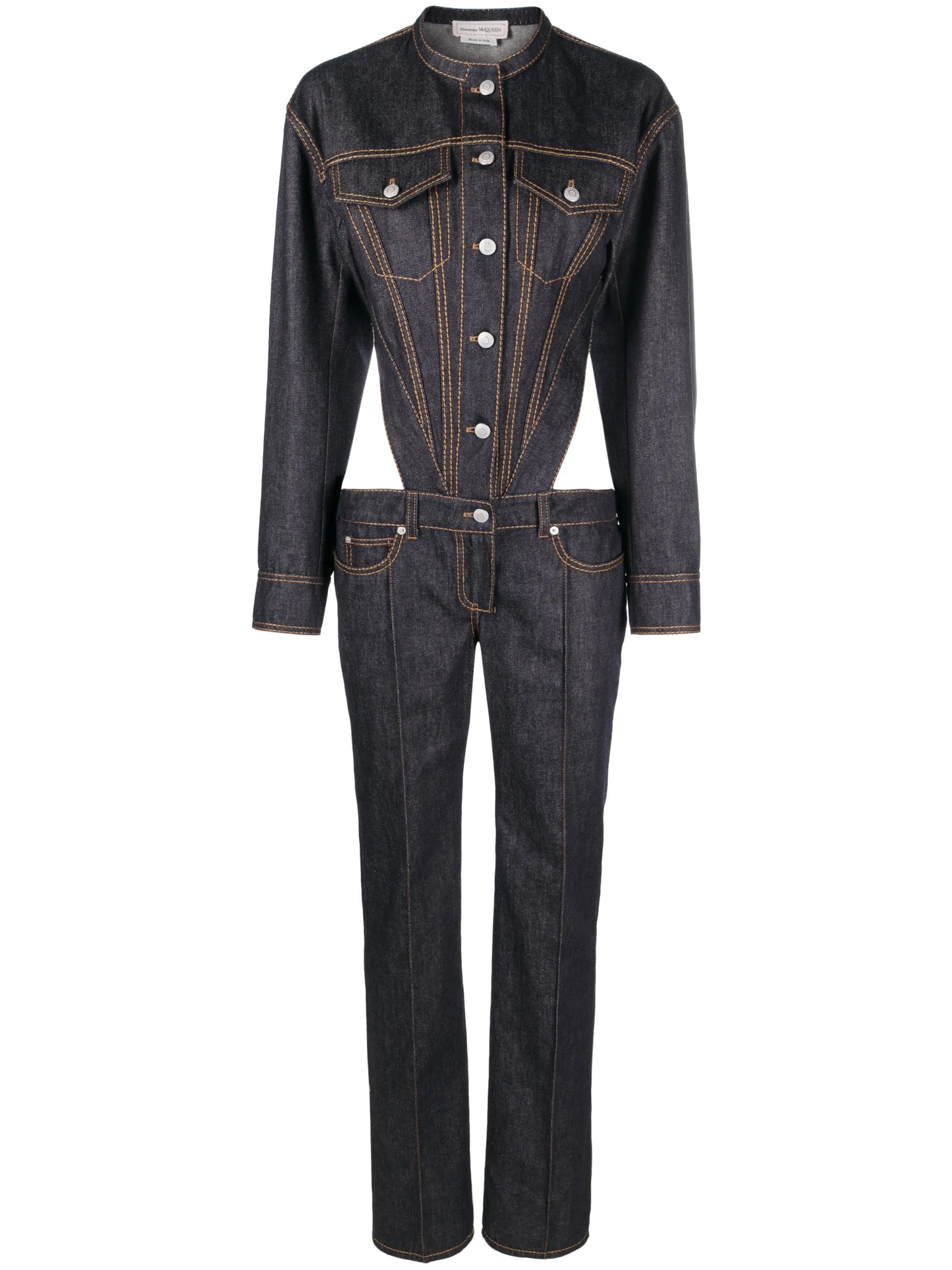 button-up backless denim jumpsuit
