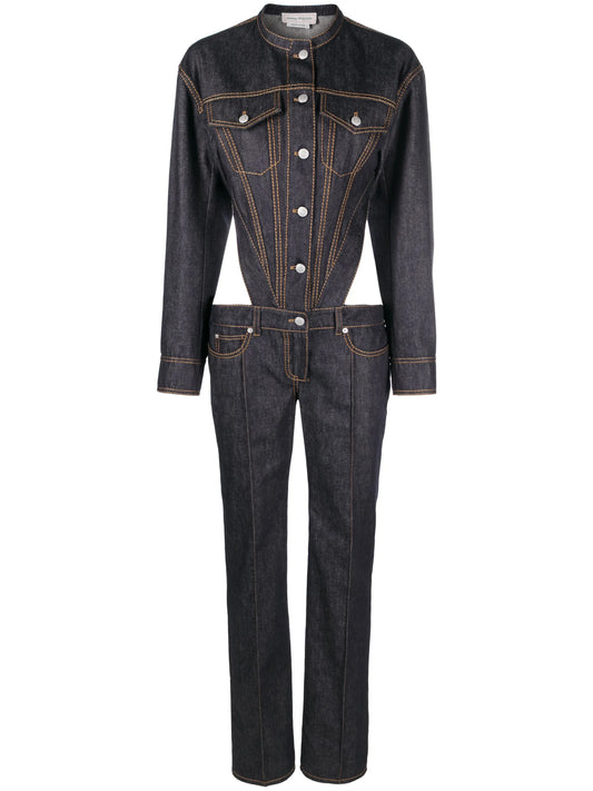 button-up backless denim jumpsuit