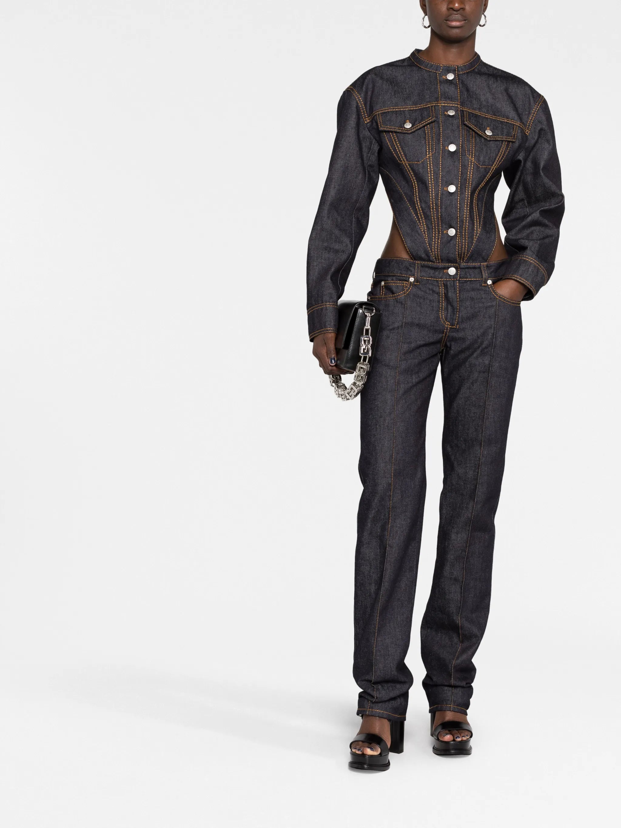 button-up backless denim jumpsuit