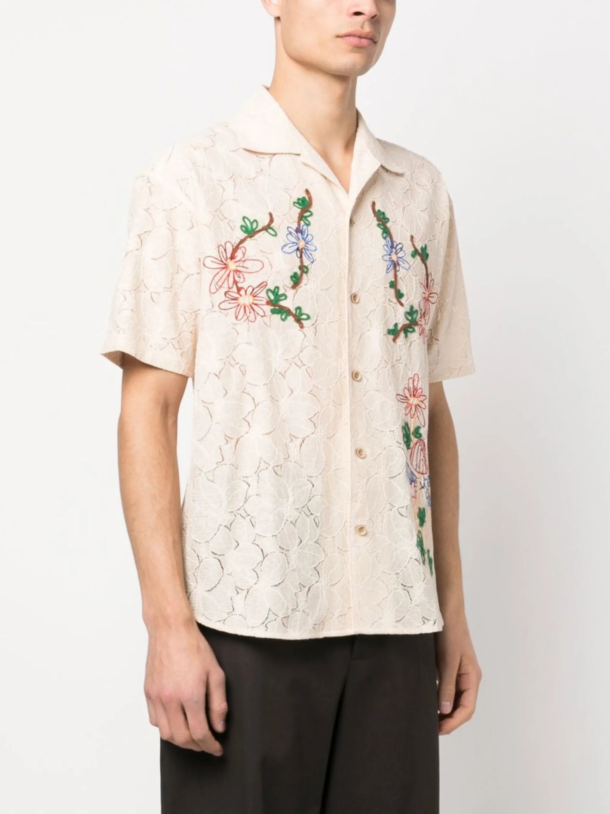 floral-embroidered lace shirt