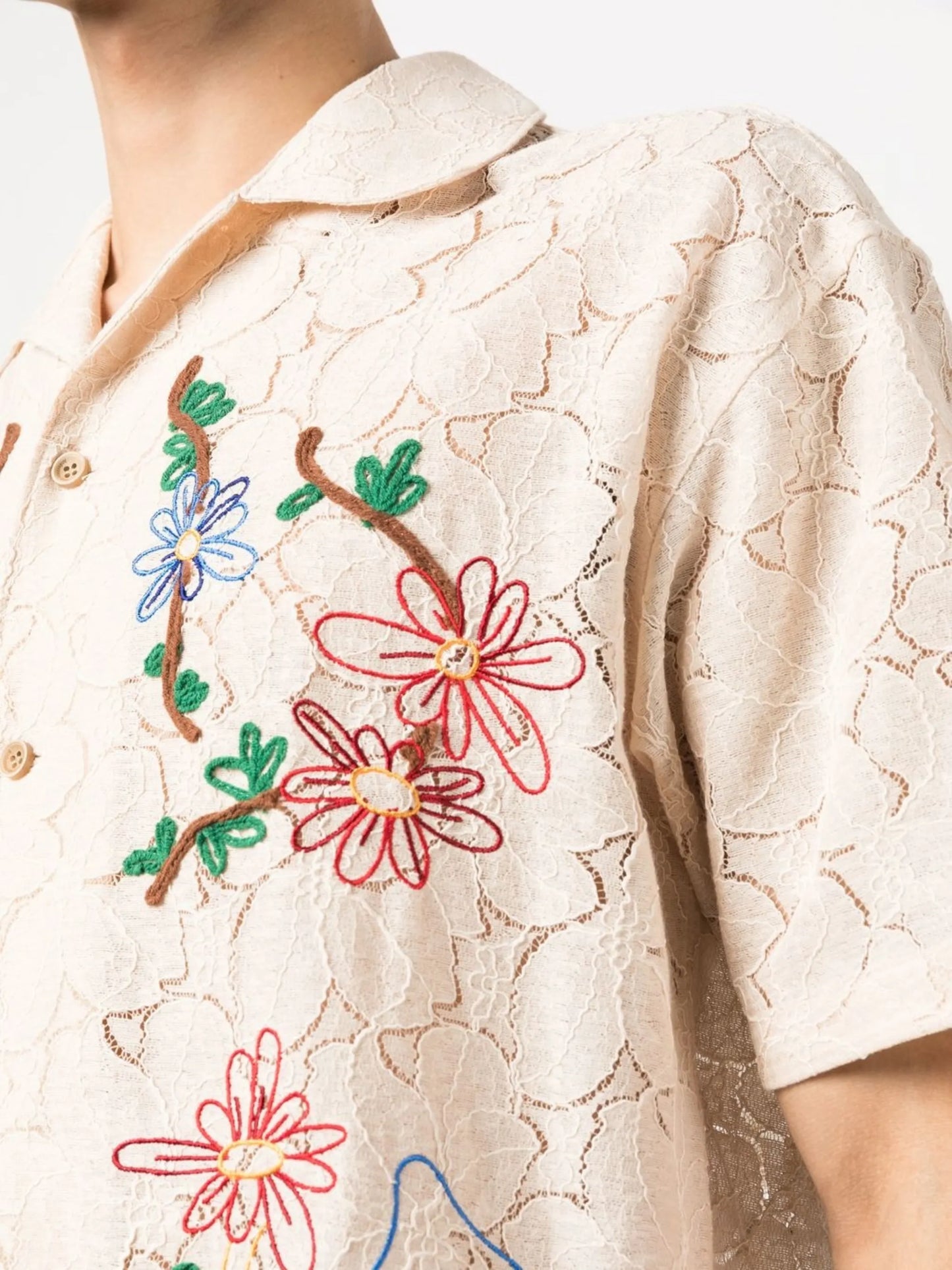 floral-embroidered lace shirt