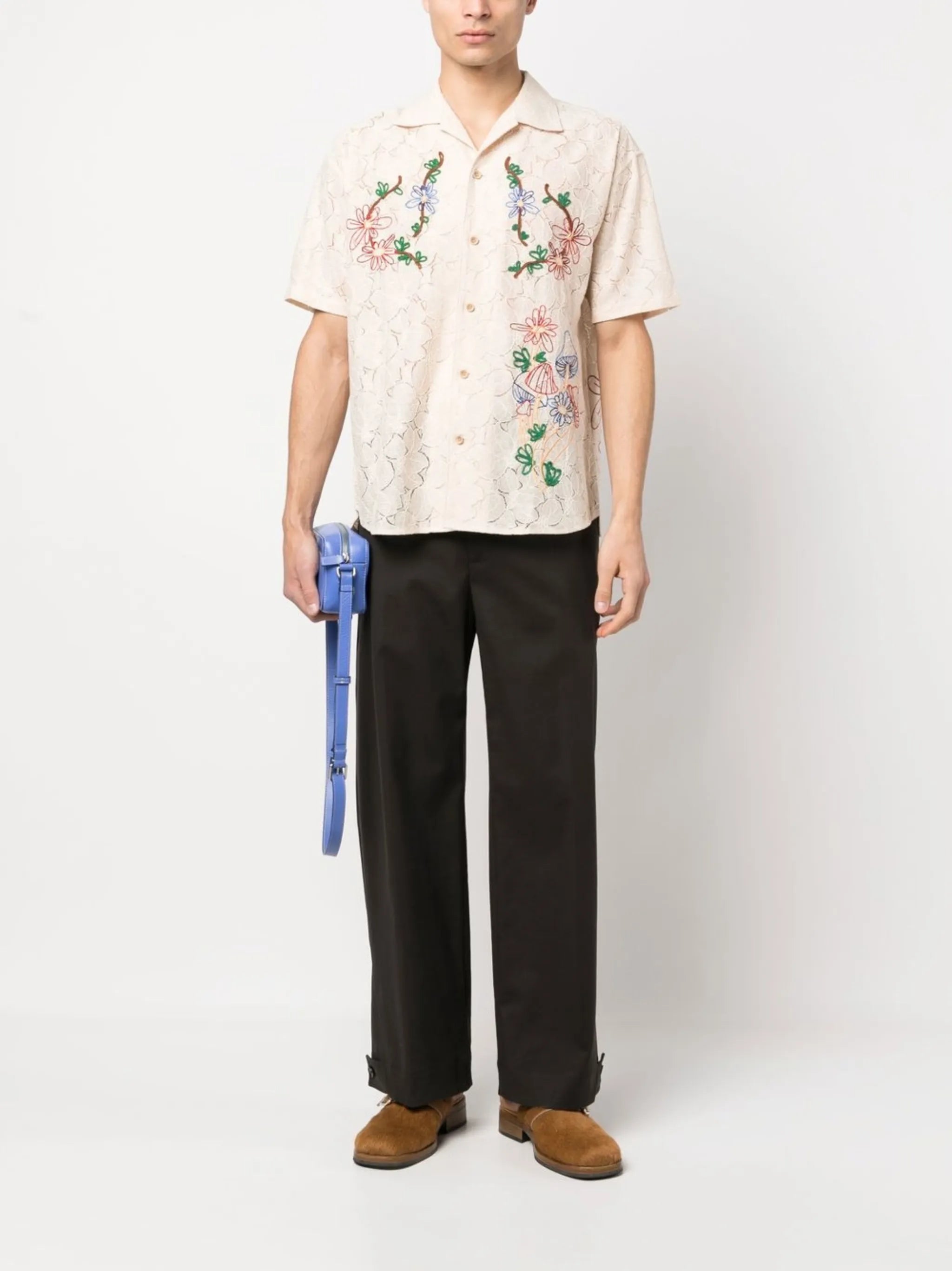 floral-embroidered lace shirt