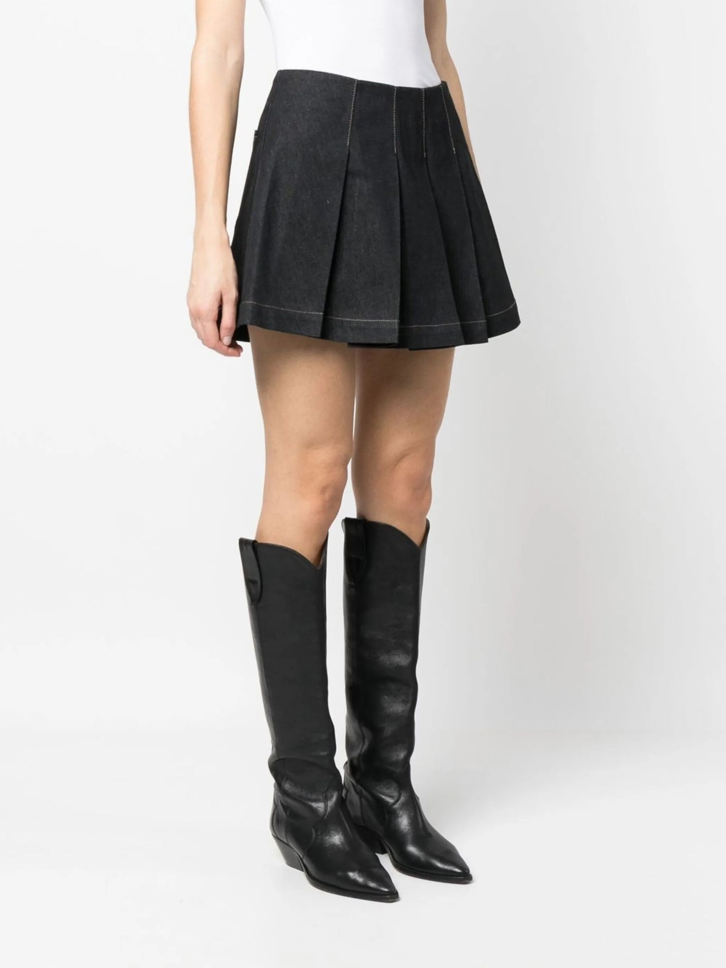 pleated denim mini skirt