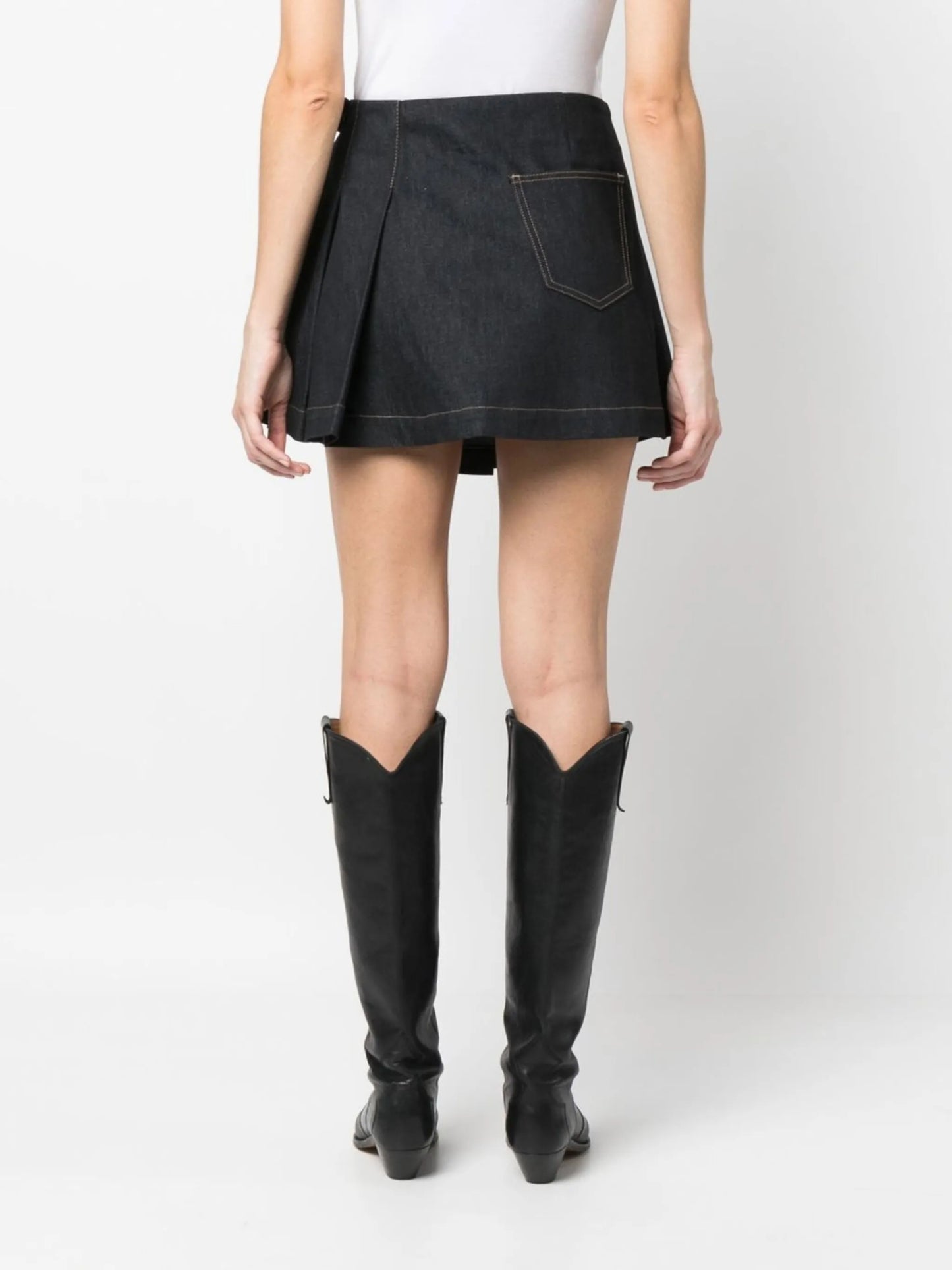pleated denim mini skirt