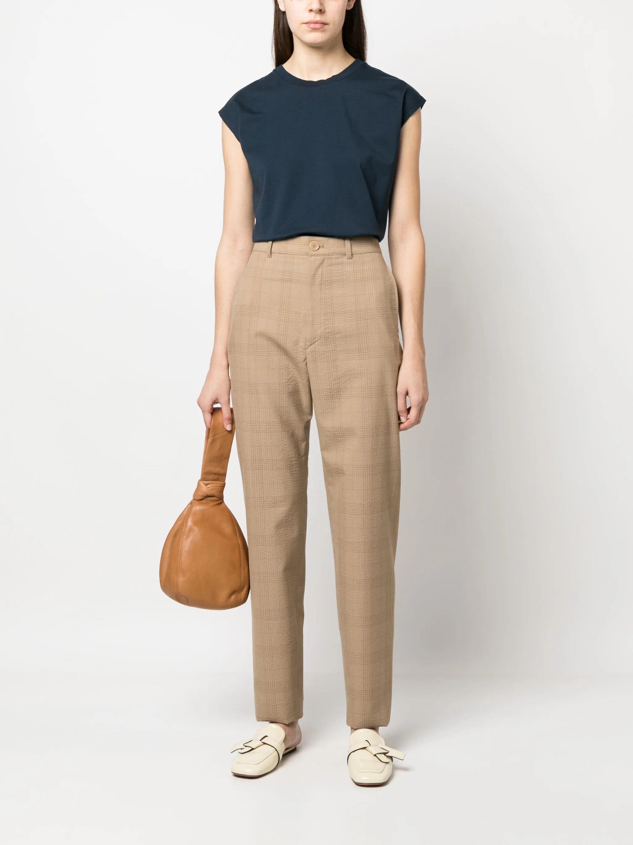 check-print high-waisted trousers