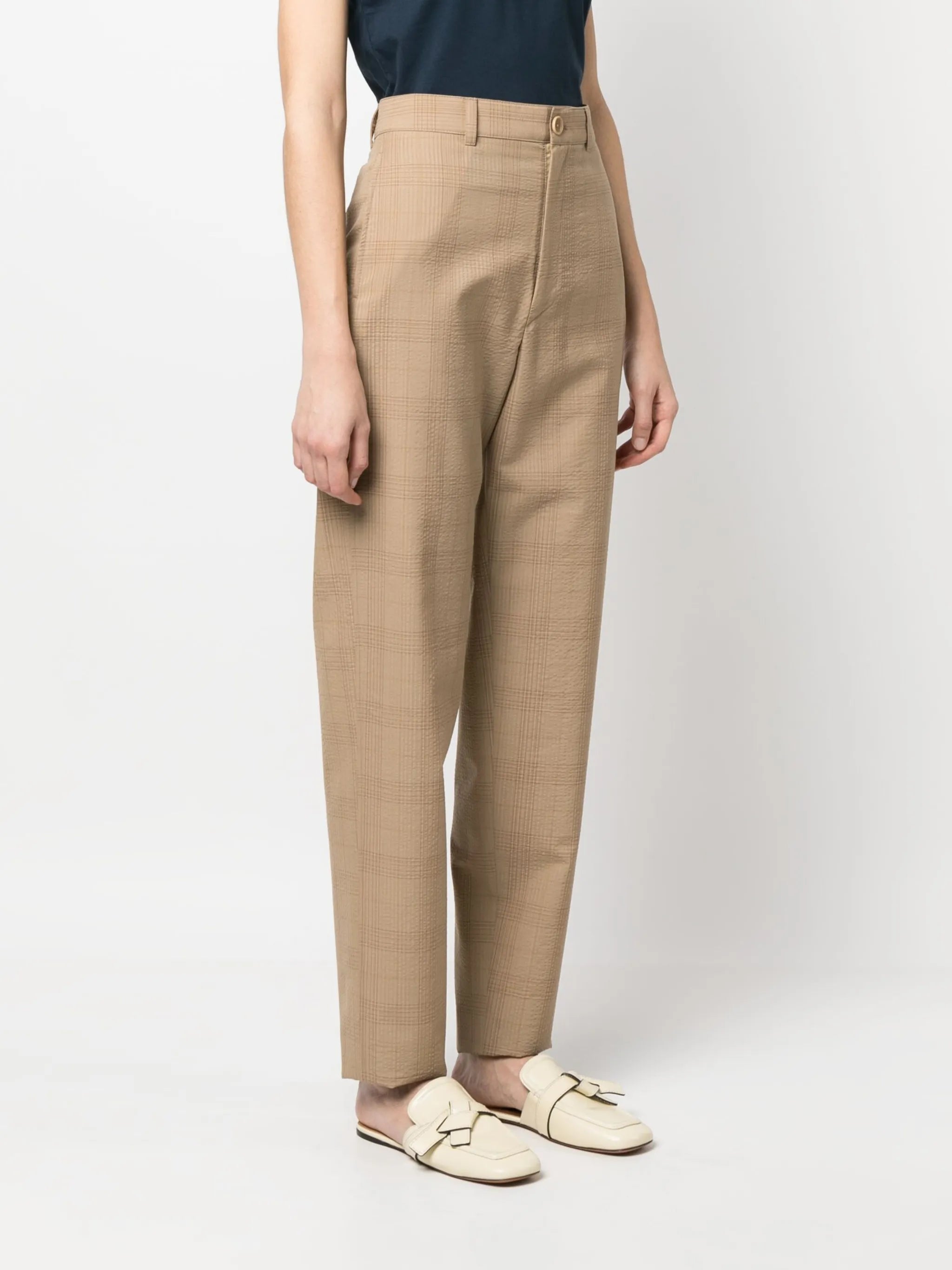check-print high-waisted trousers