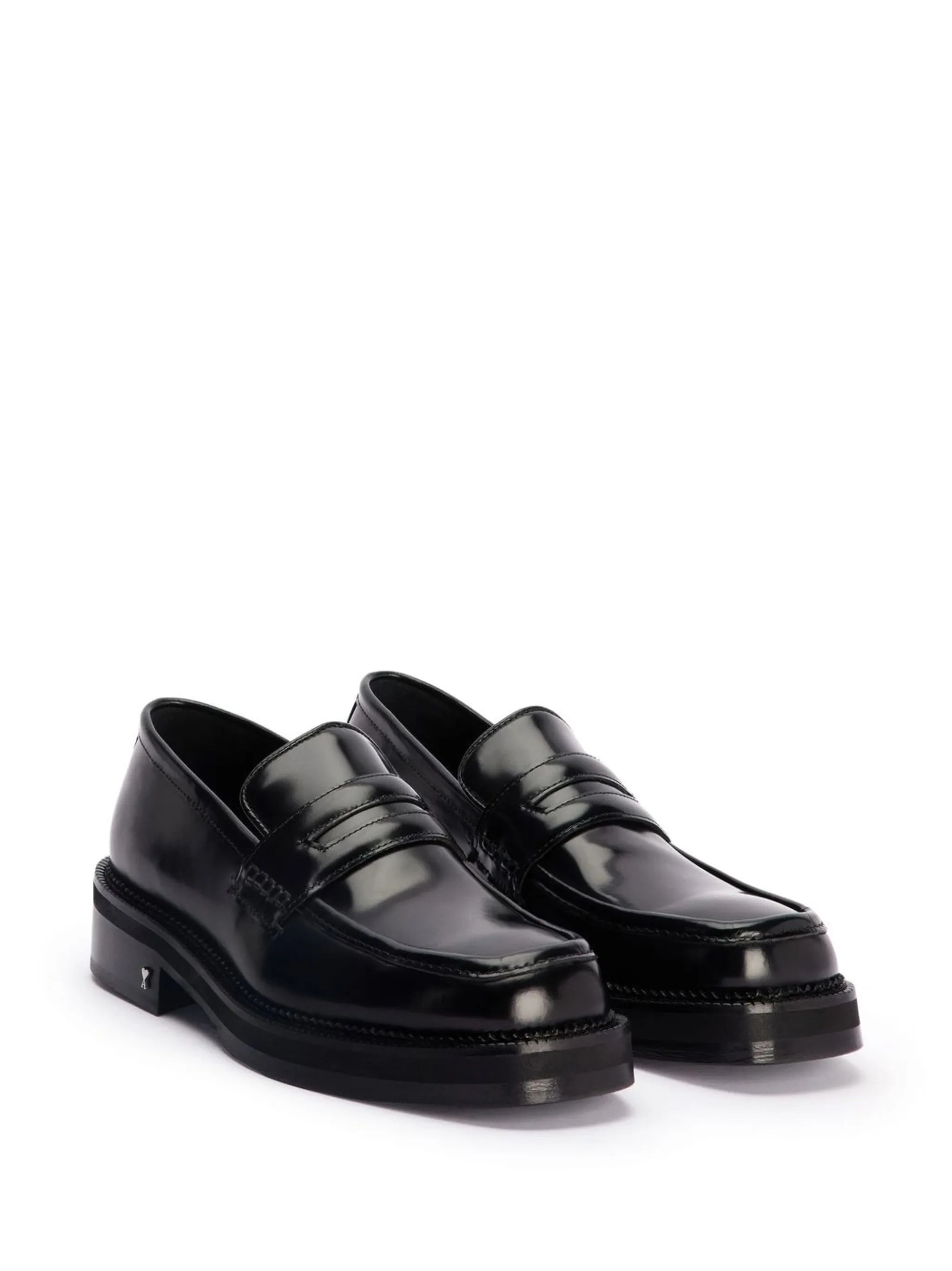 square-toe patent-leather loafers