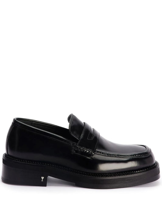 square-toe patent-leather loafers