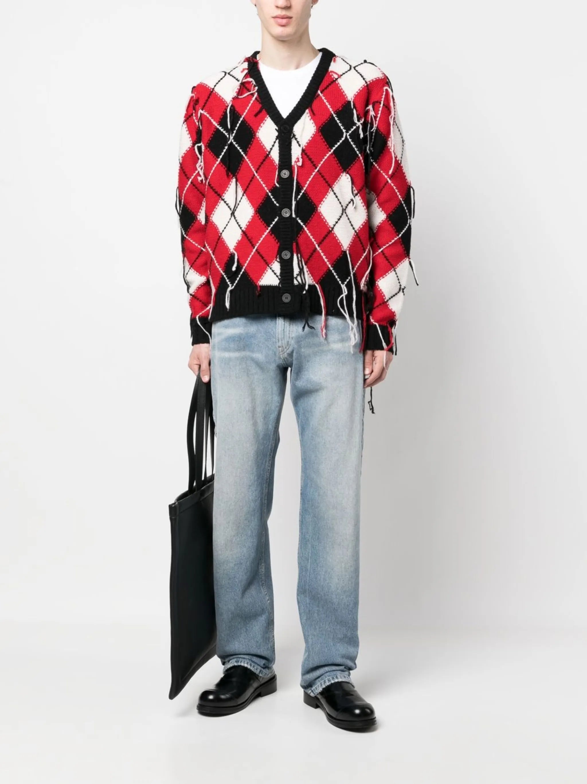 fringed argyle-knit V-neck cardigan