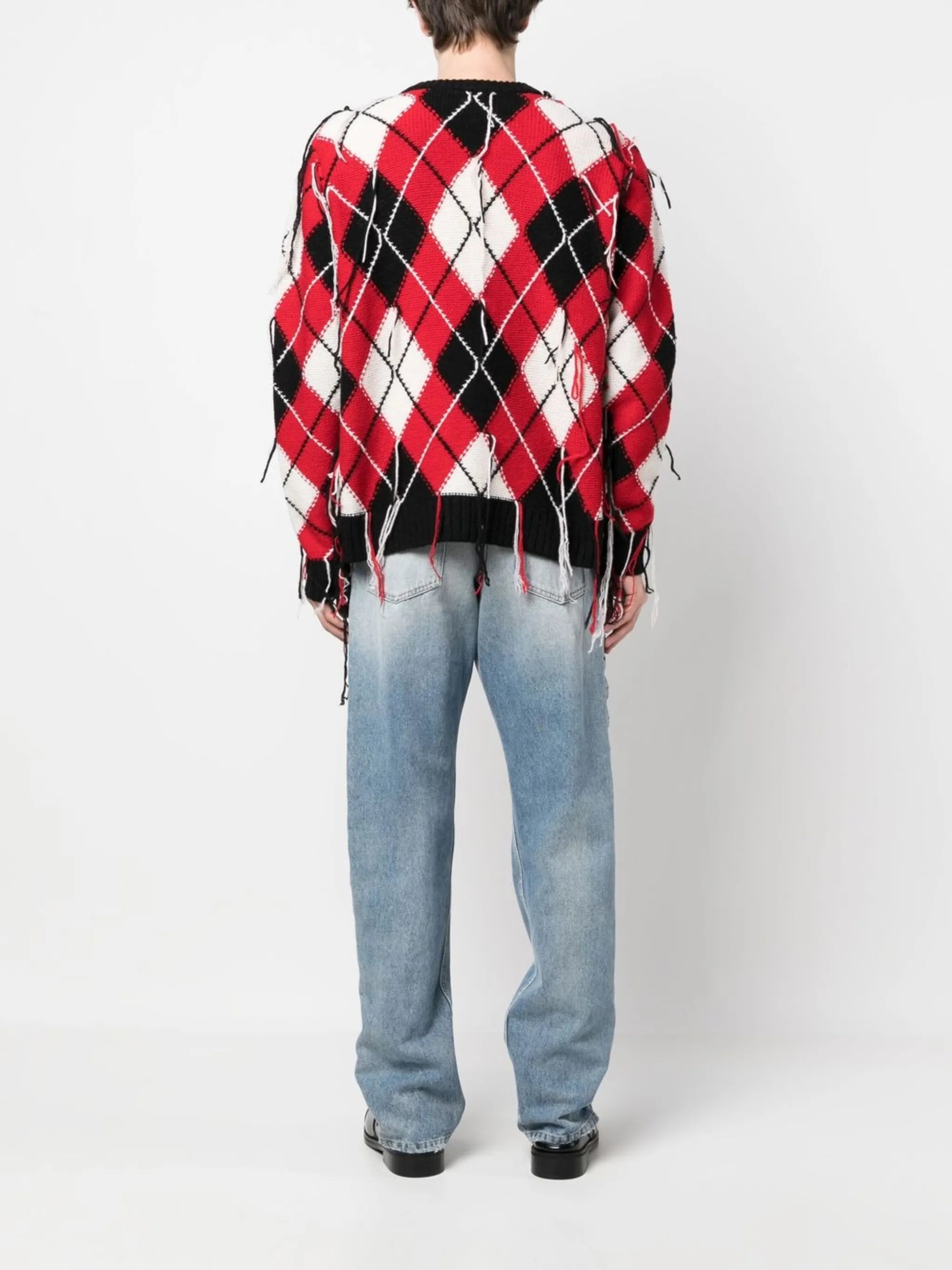 fringed argyle-knit V-neck cardigan