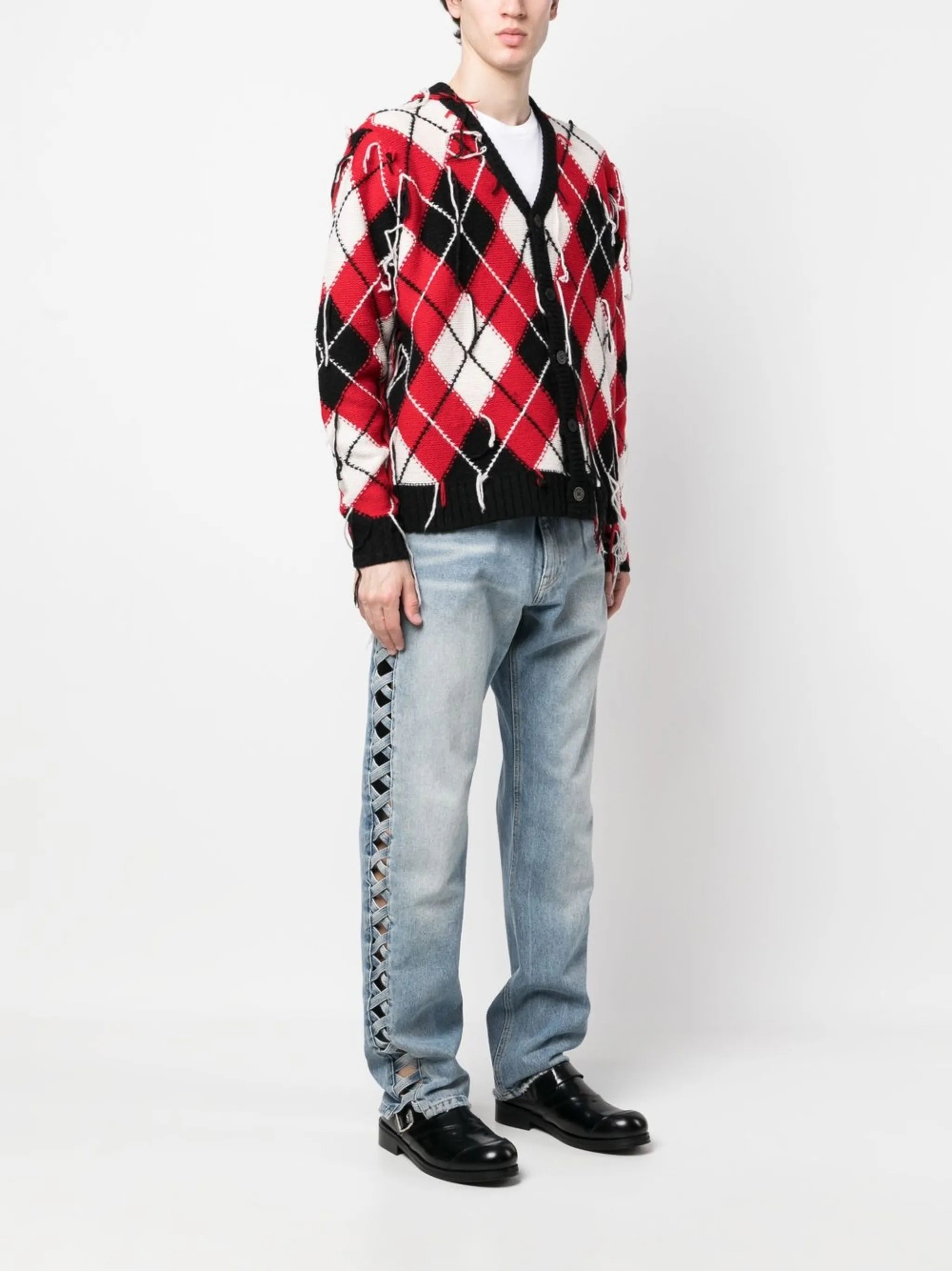 fringed argyle-knit V-neck cardigan