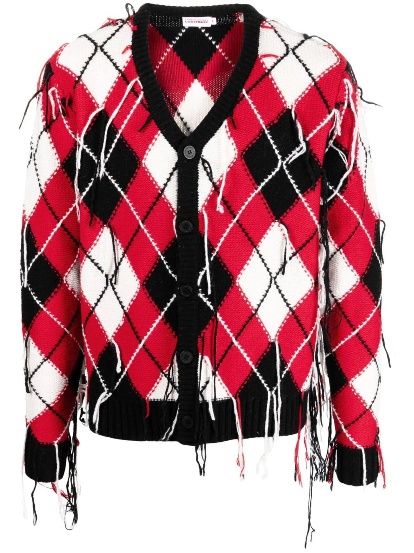 fringed argyle-knit V-neck cardigan