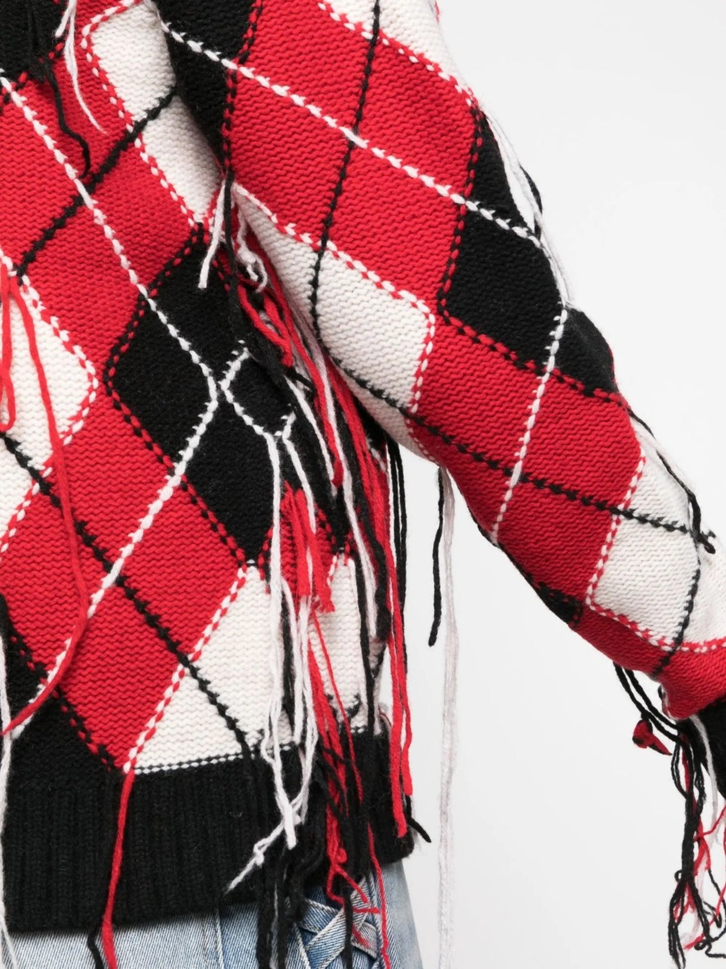 fringed argyle-knit V-neck cardigan