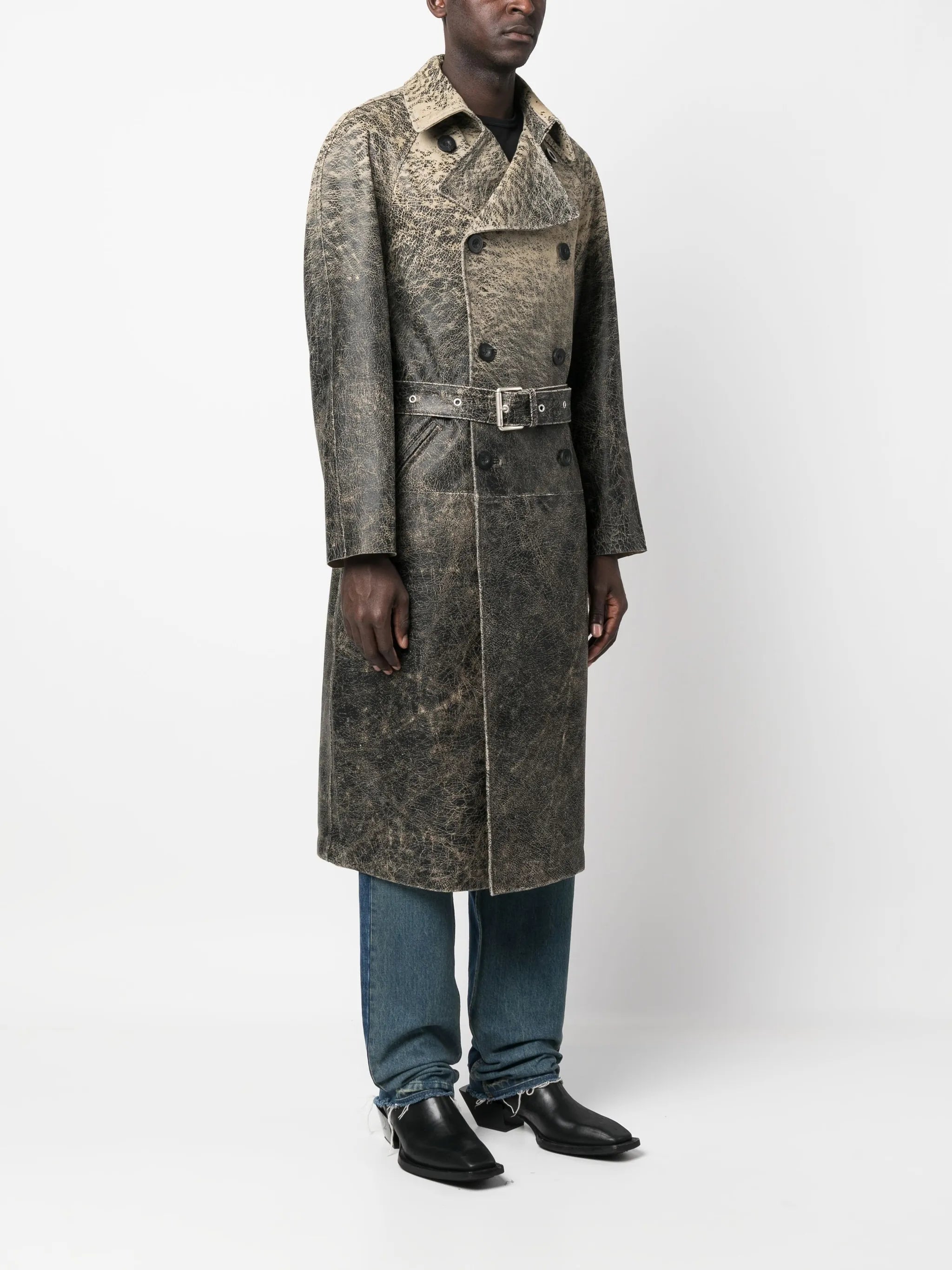 distressed-effect leather trench coat