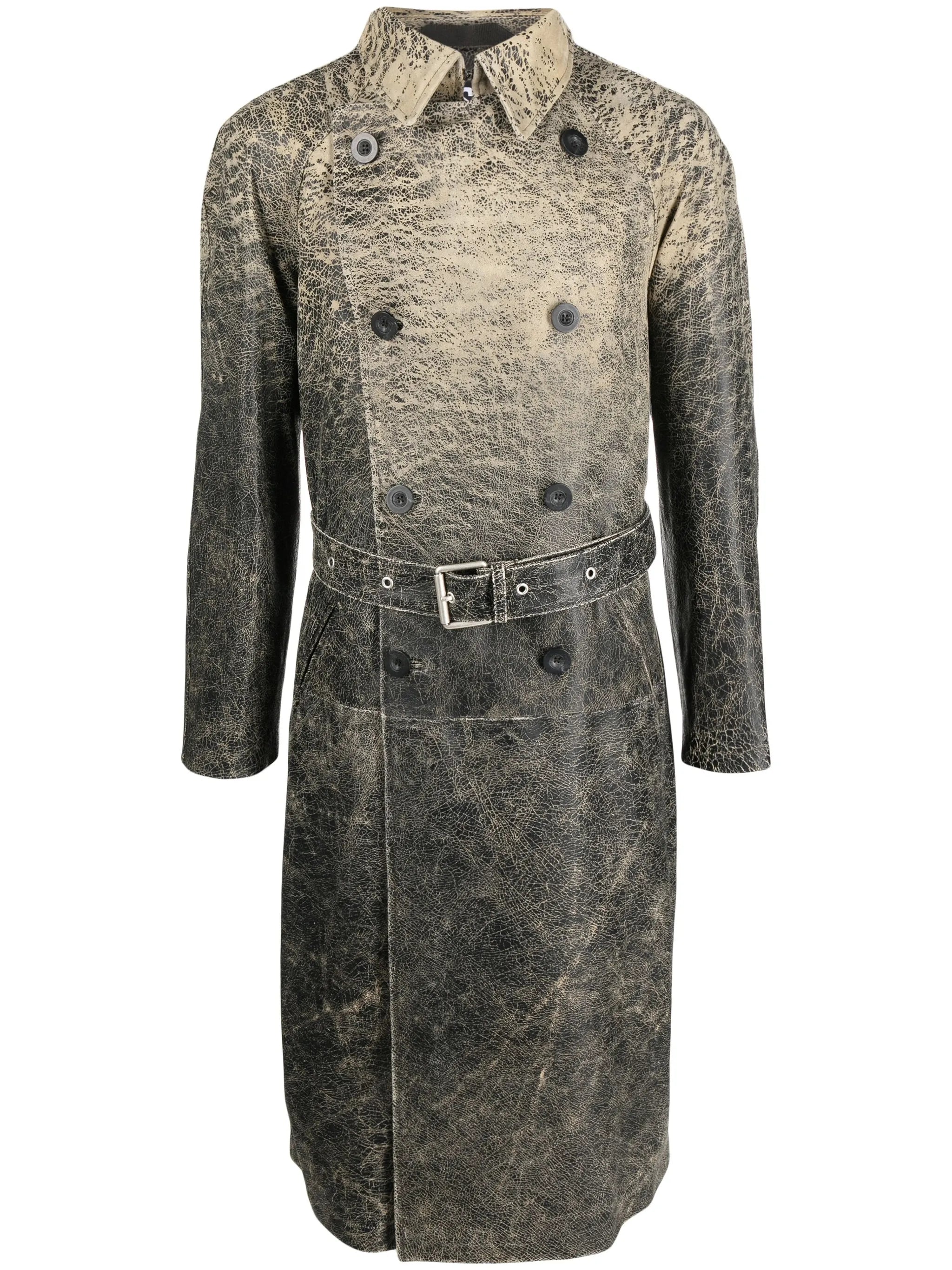 distressed-effect leather trench coat
