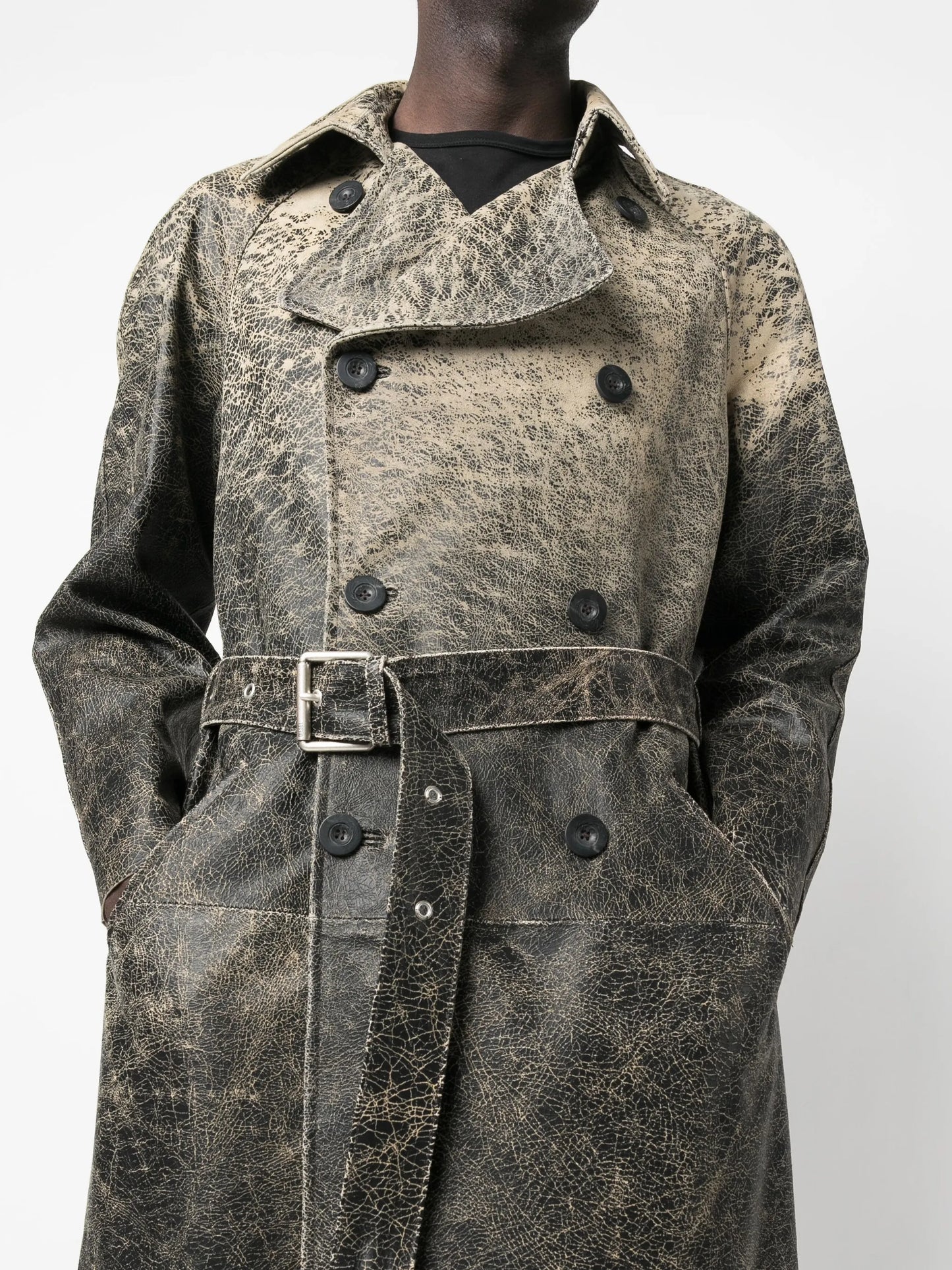 distressed-effect leather trench coat