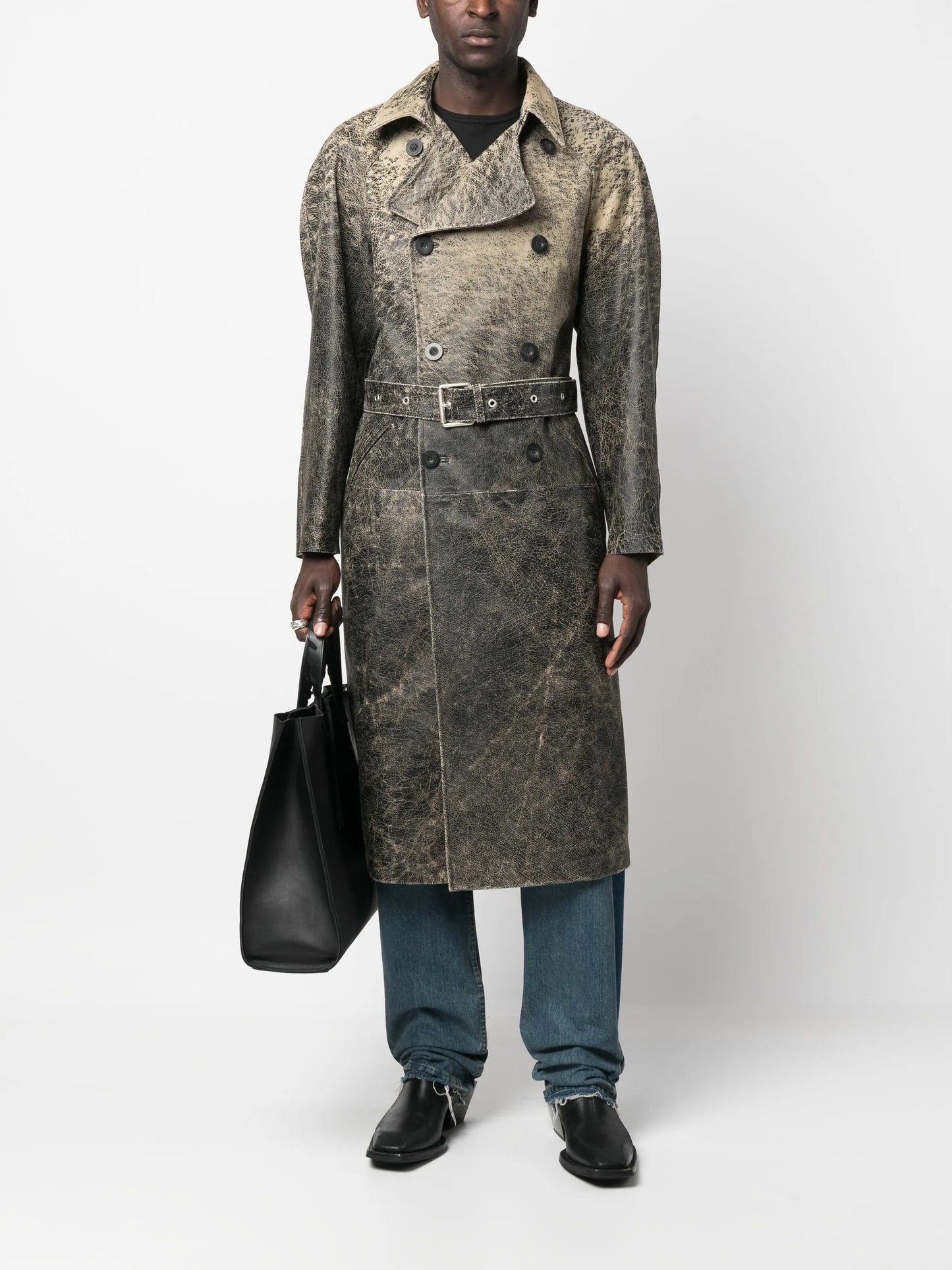 distressed-effect leather trench coat