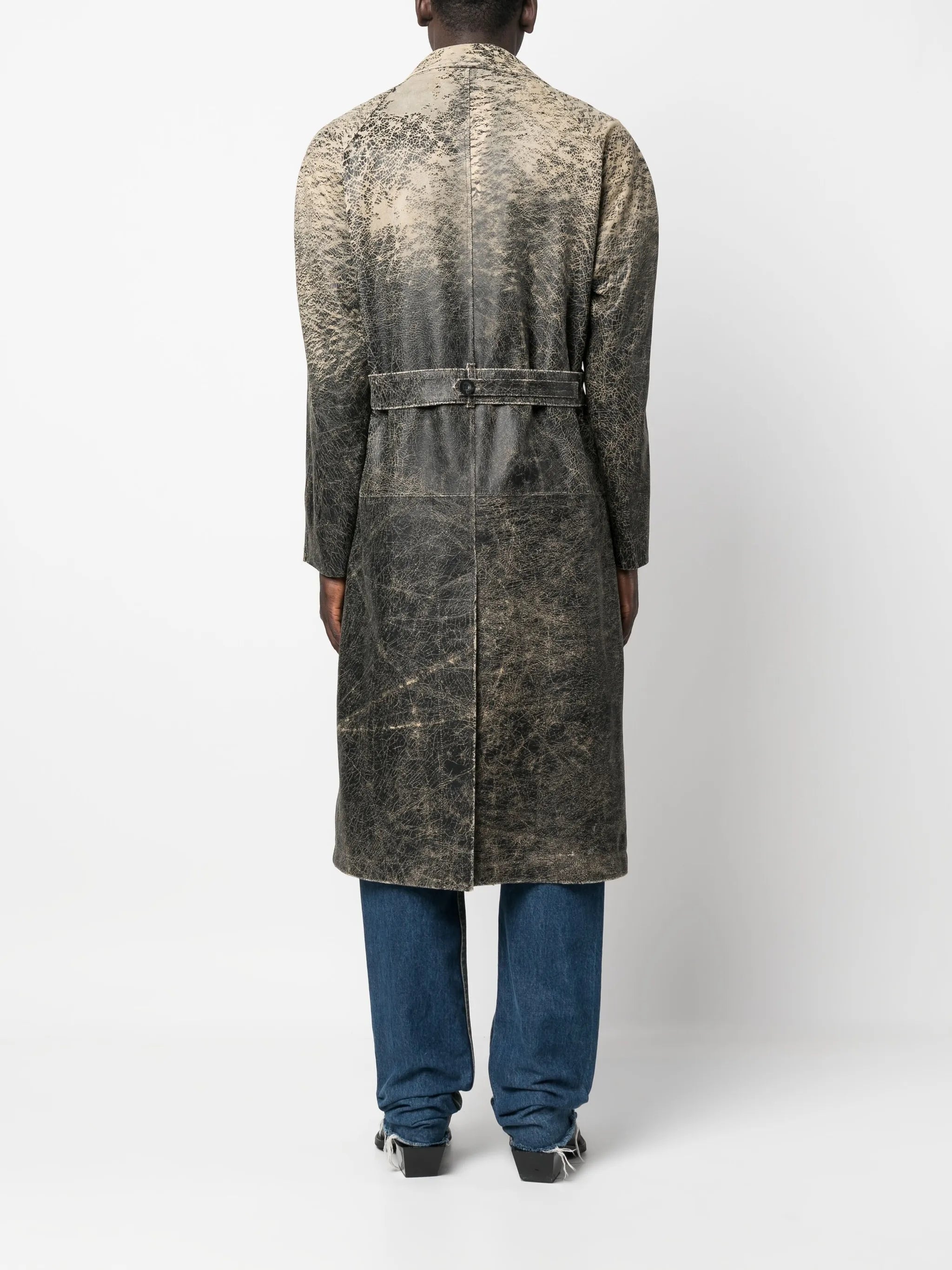 distressed-effect leather trench coat
