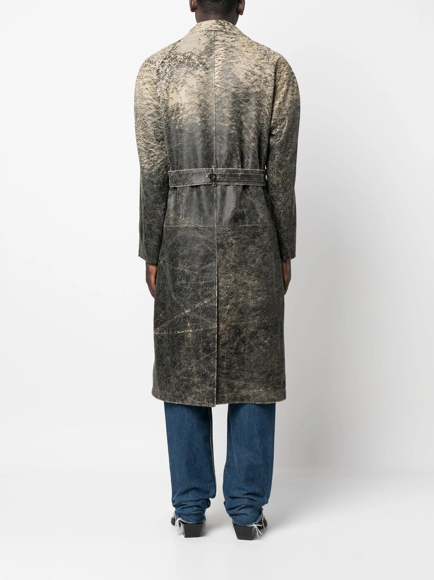 distressed-effect leather trench coat