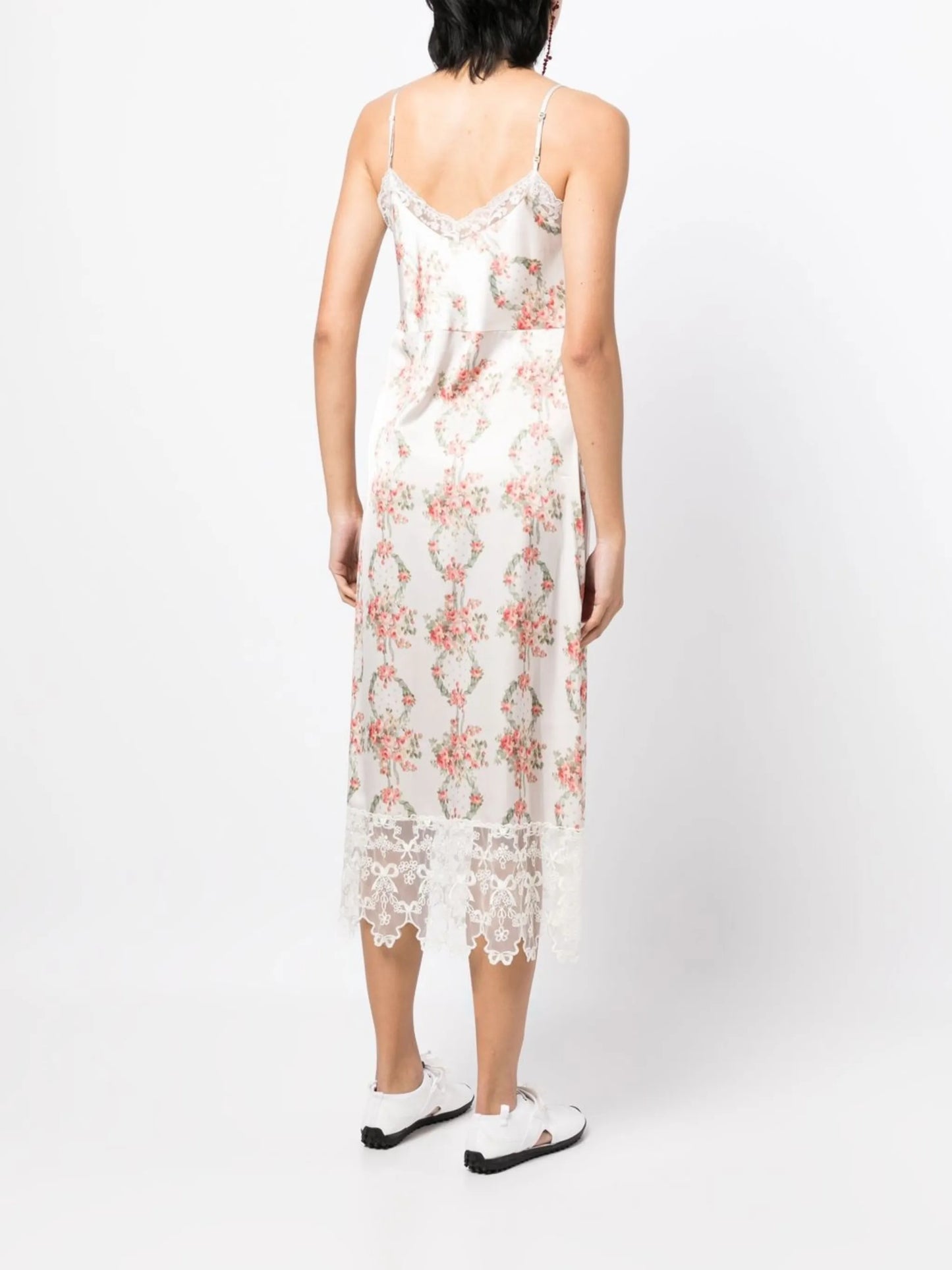 floral-print lace-trim midi dress