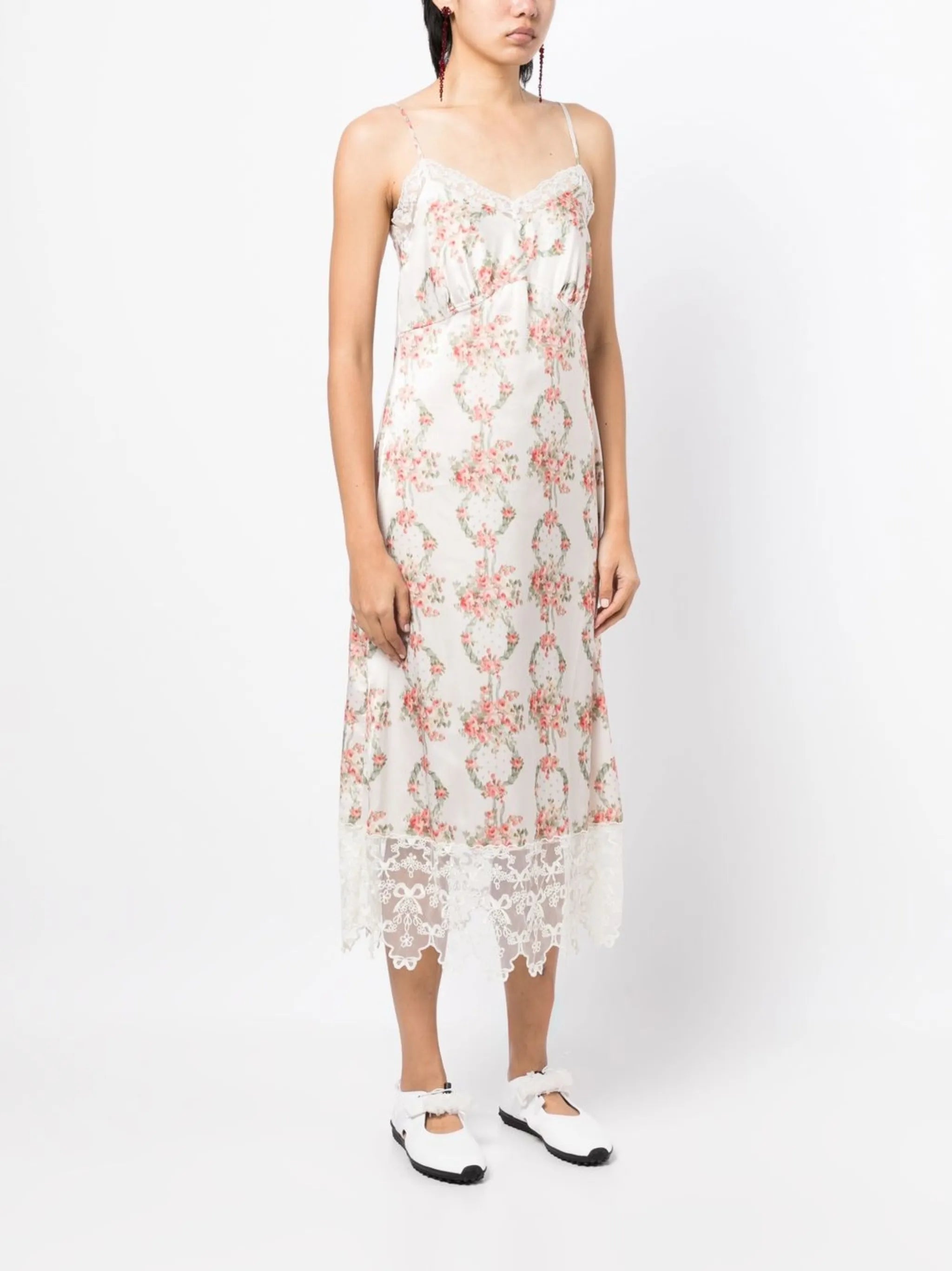 floral-print lace-trim midi dress