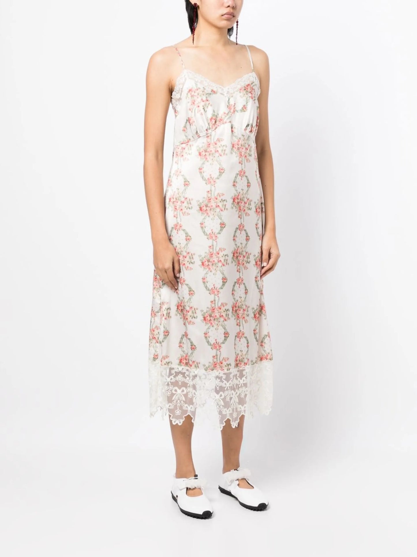 floral-print lace-trim midi dress