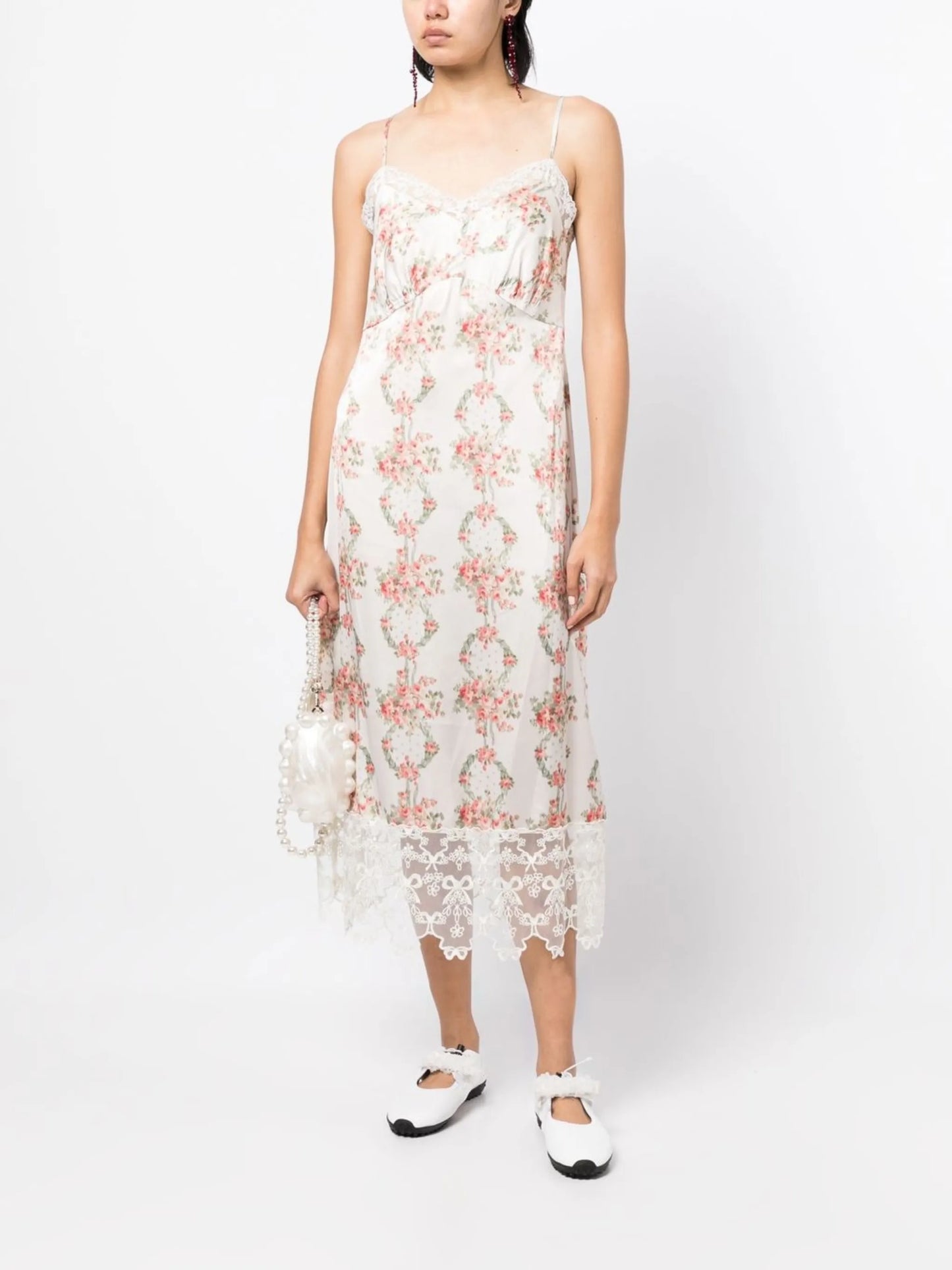 floral-print lace-trim midi dress