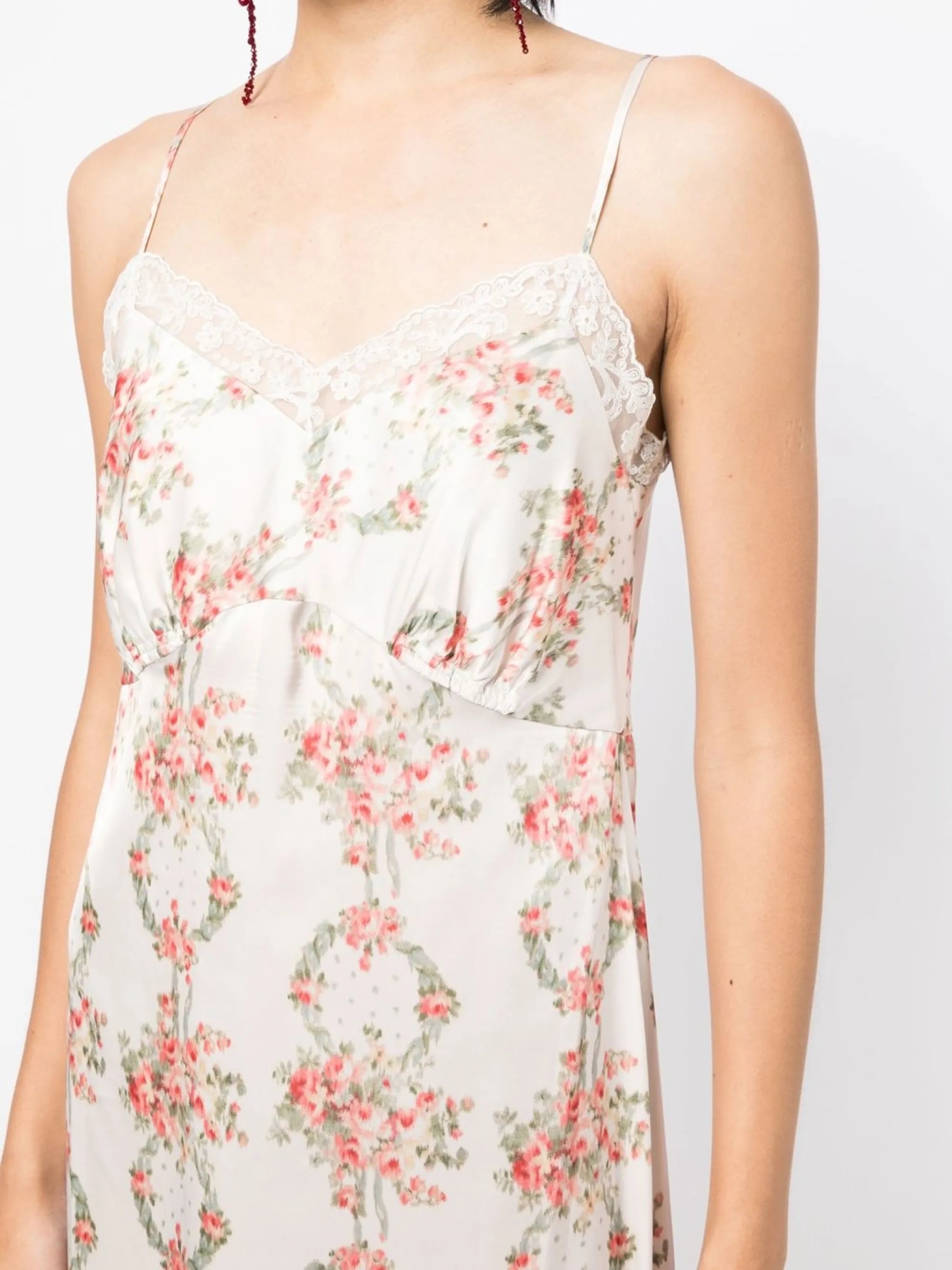 floral-print lace-trim midi dress