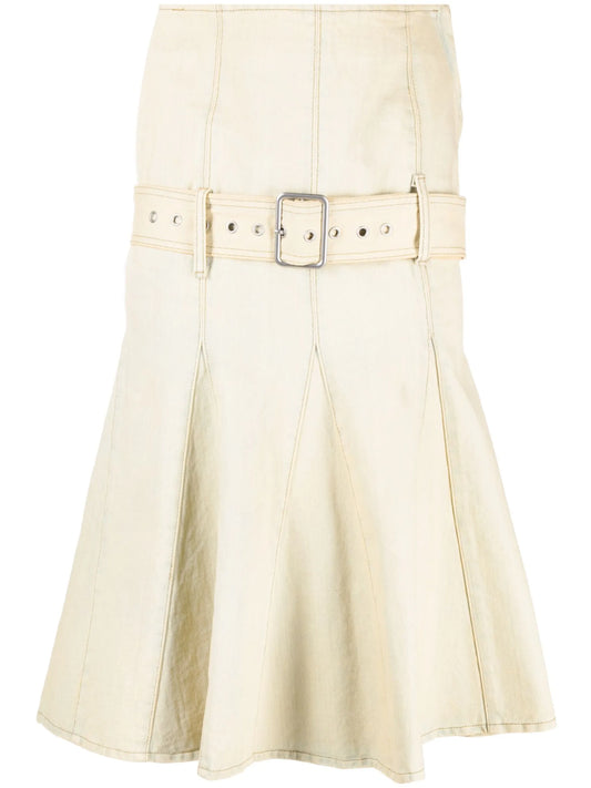 belted pleated denim skirt