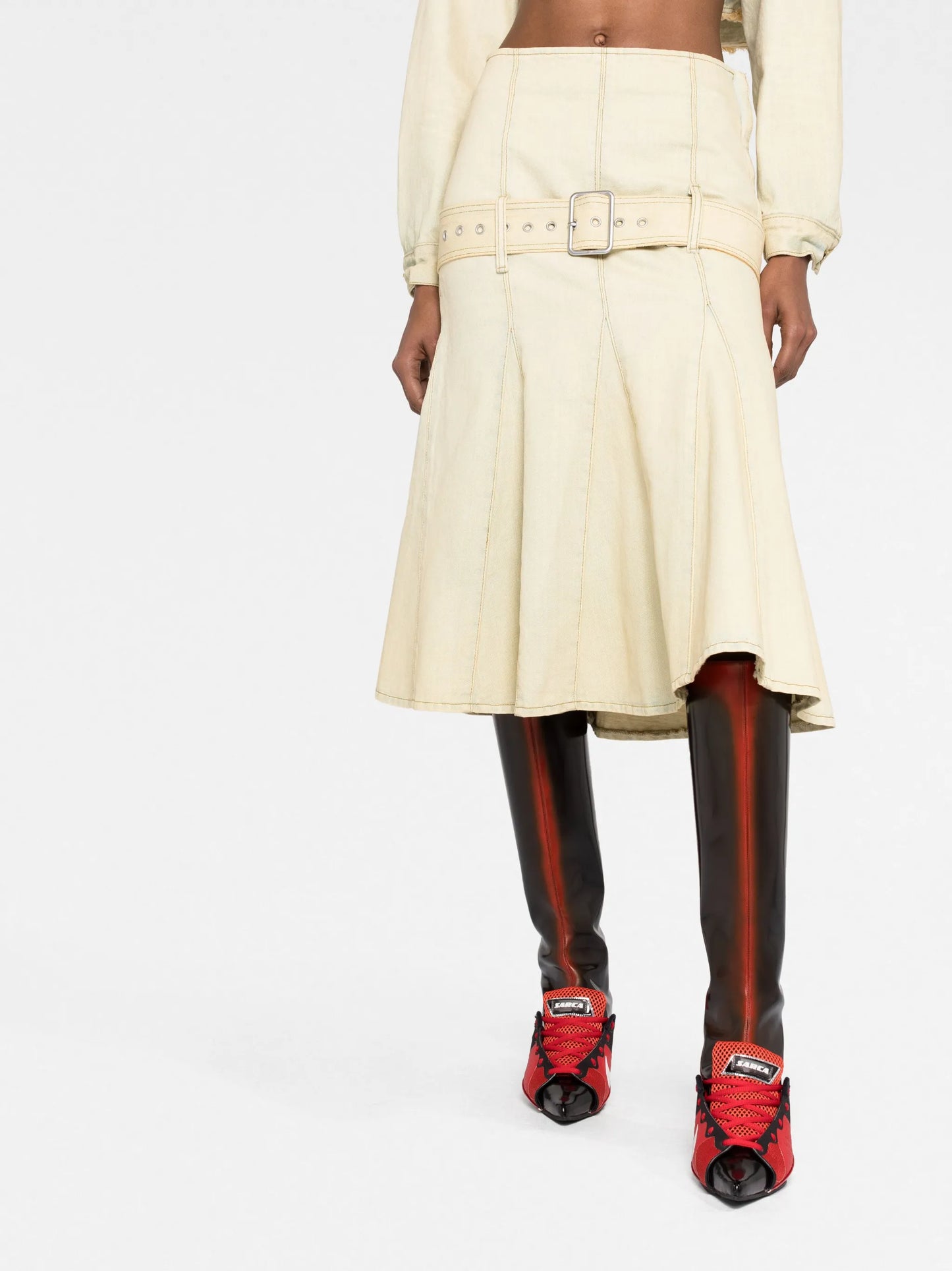 belted pleated denim skirt