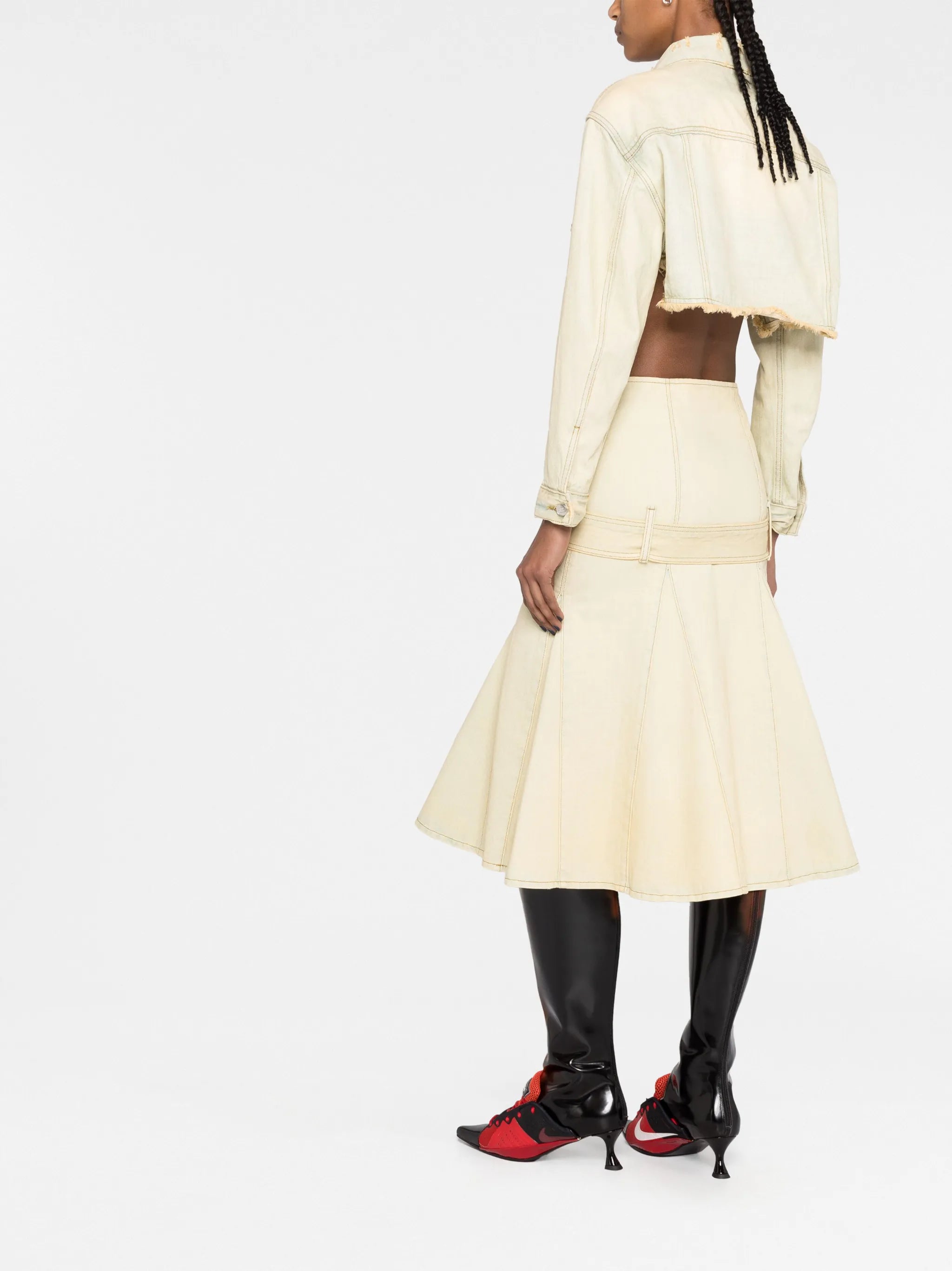 belted pleated denim skirt