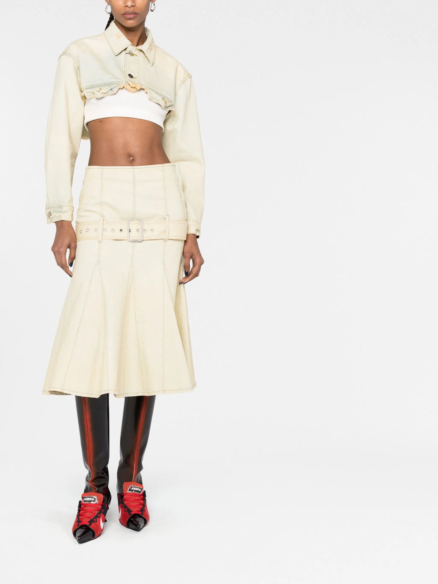 belted pleated denim skirt