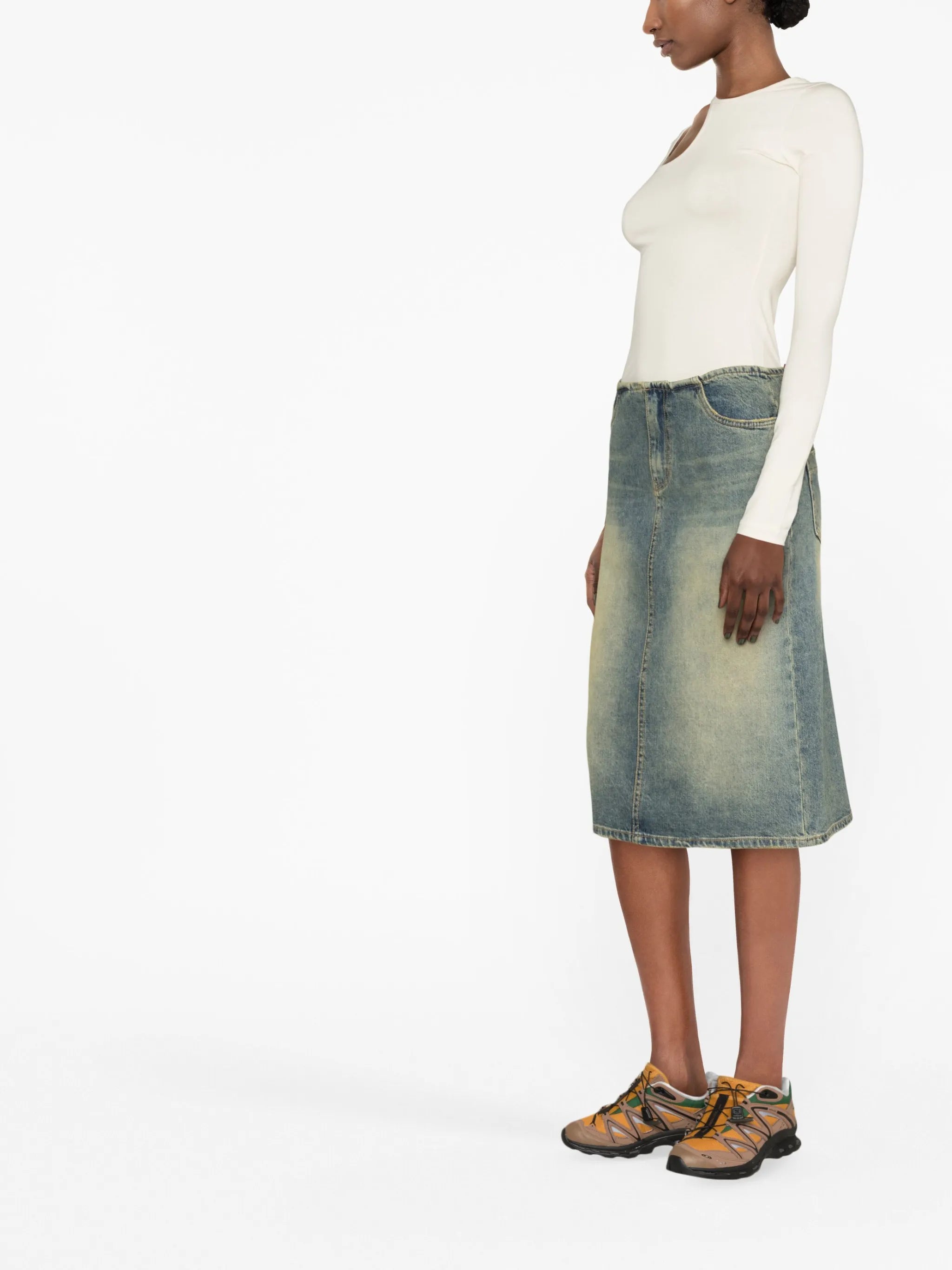distressed-finish denim skirt