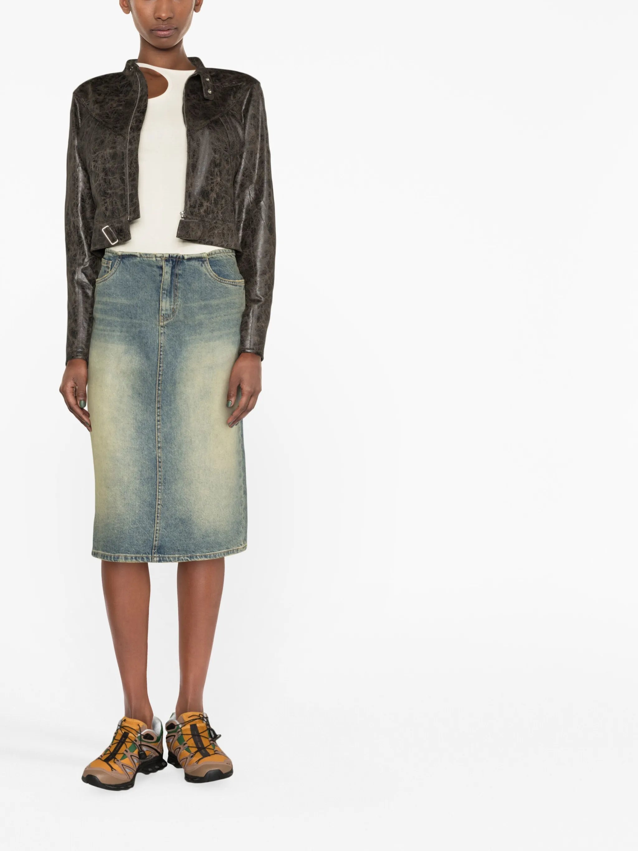 distressed-finish denim skirt