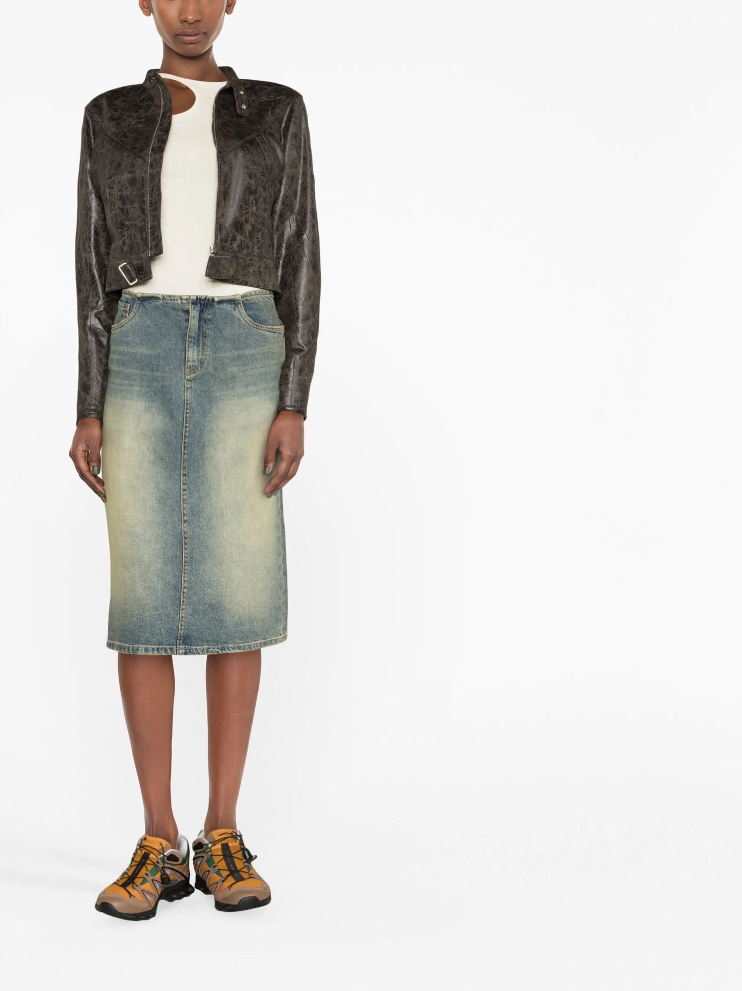 distressed-finish denim skirt
