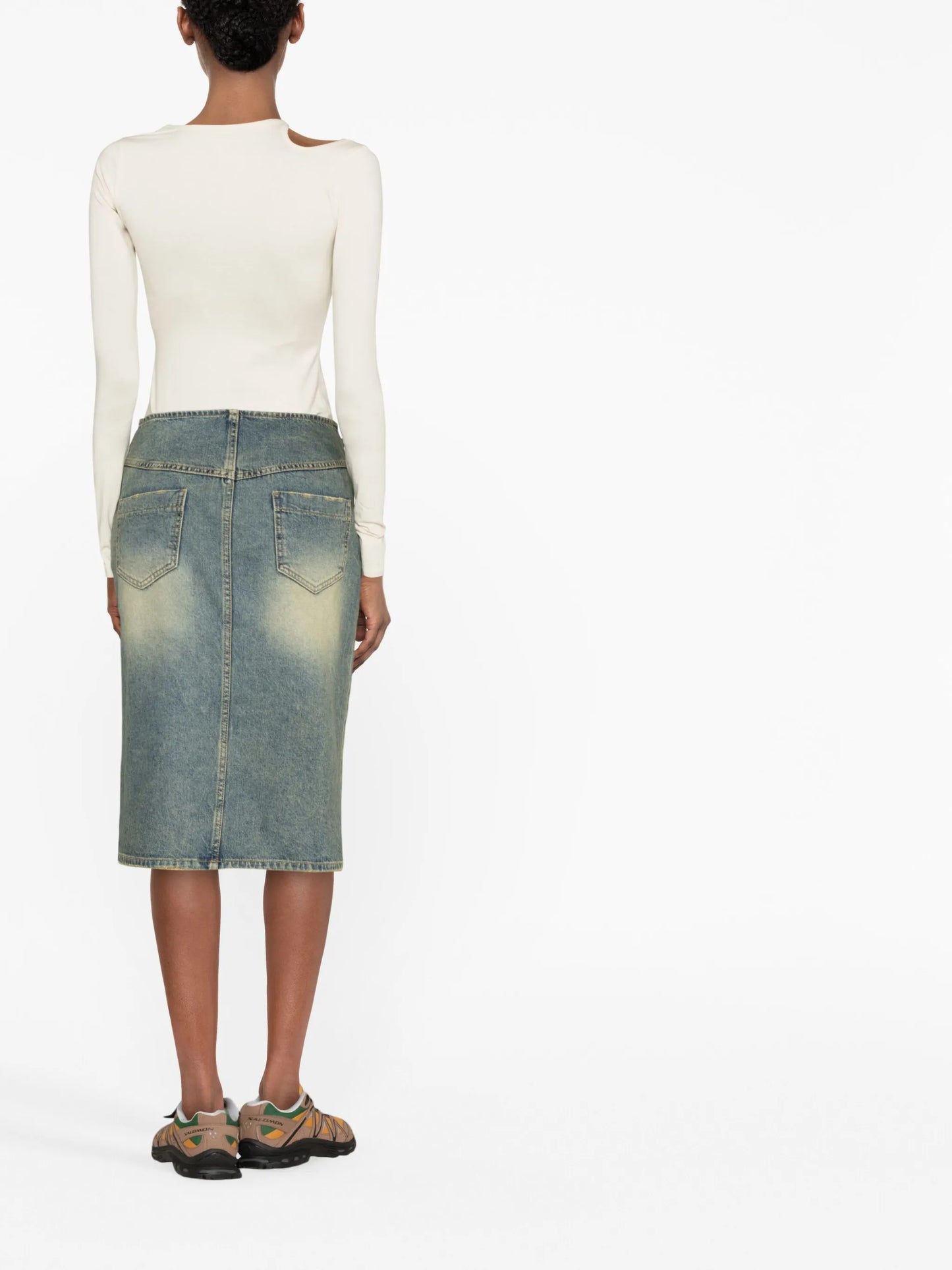 distressed-finish denim skirt