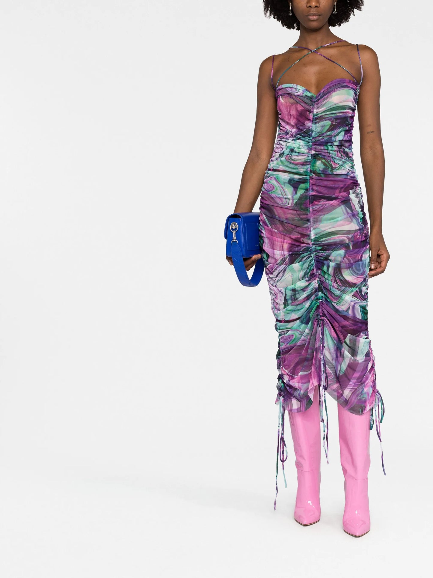abstract-print ruched midi dress