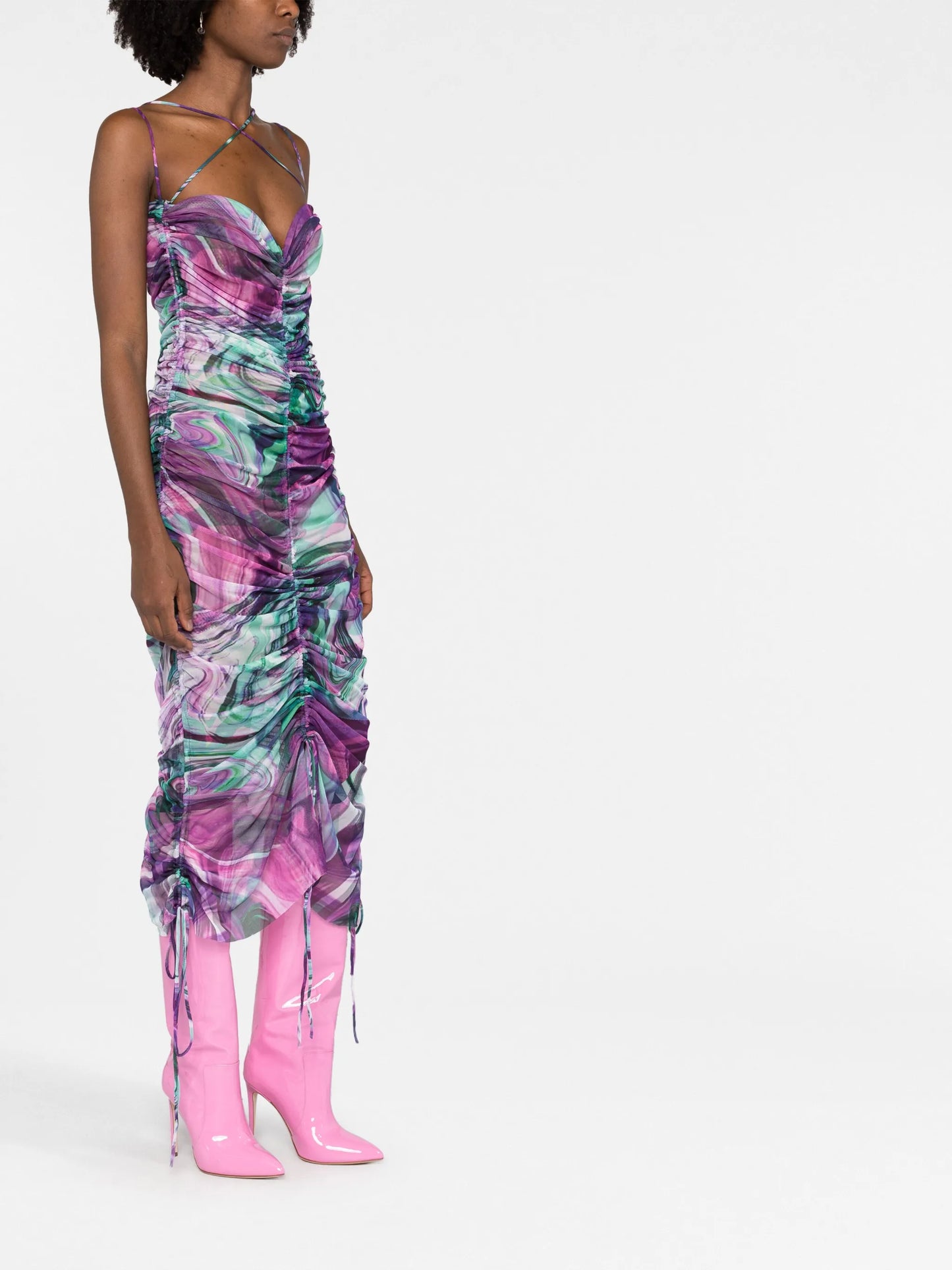 abstract-print ruched midi dress