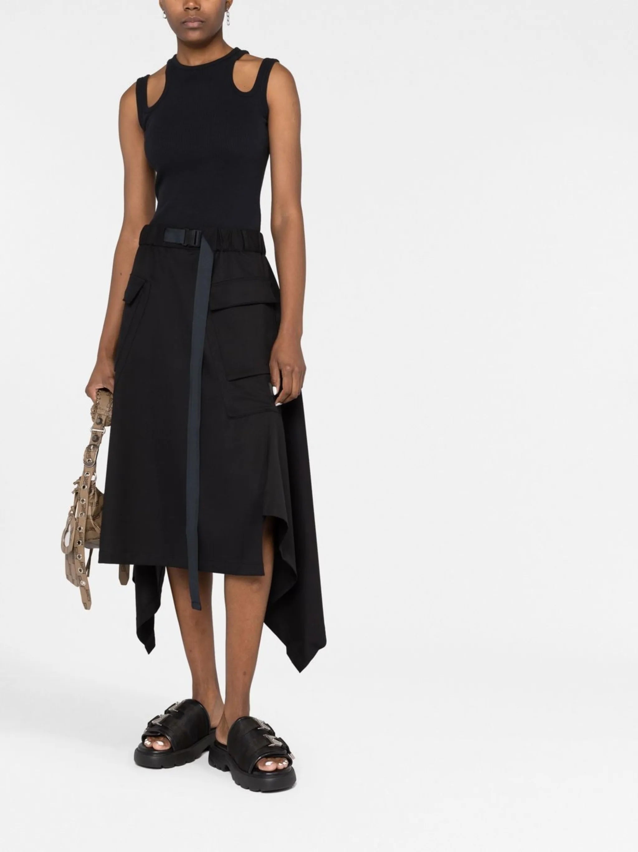 belted asymmetric midi skirt
