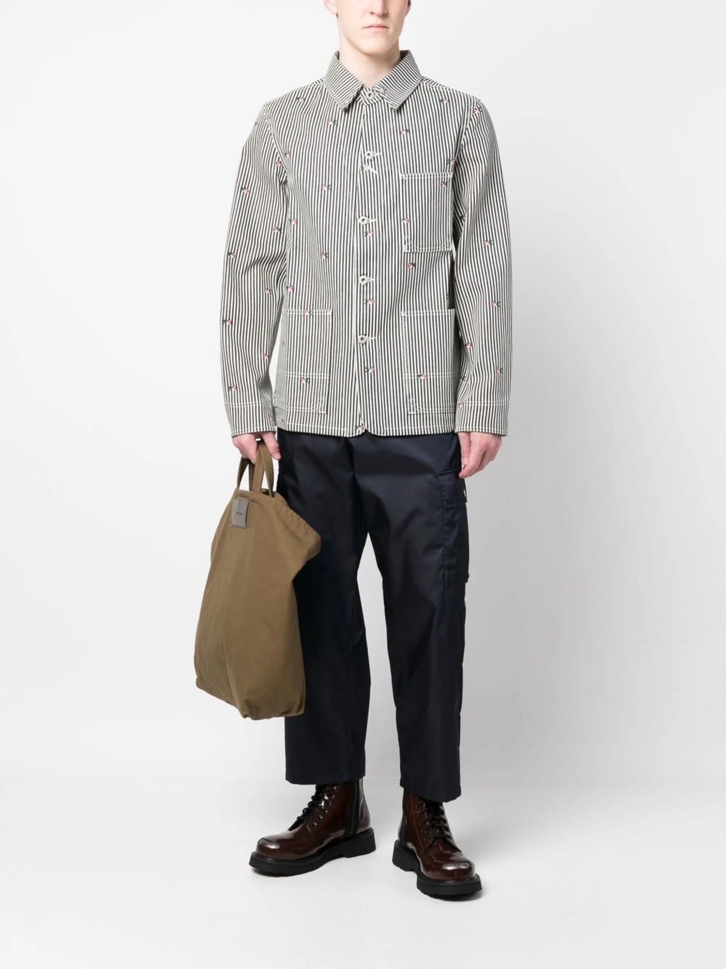 floral-embroidered striped shirt jacket