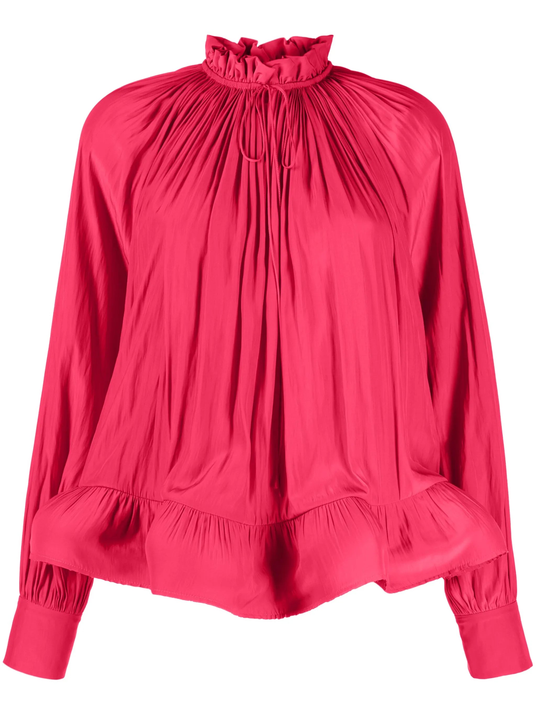 gathered-neck ruffled-hem blouse