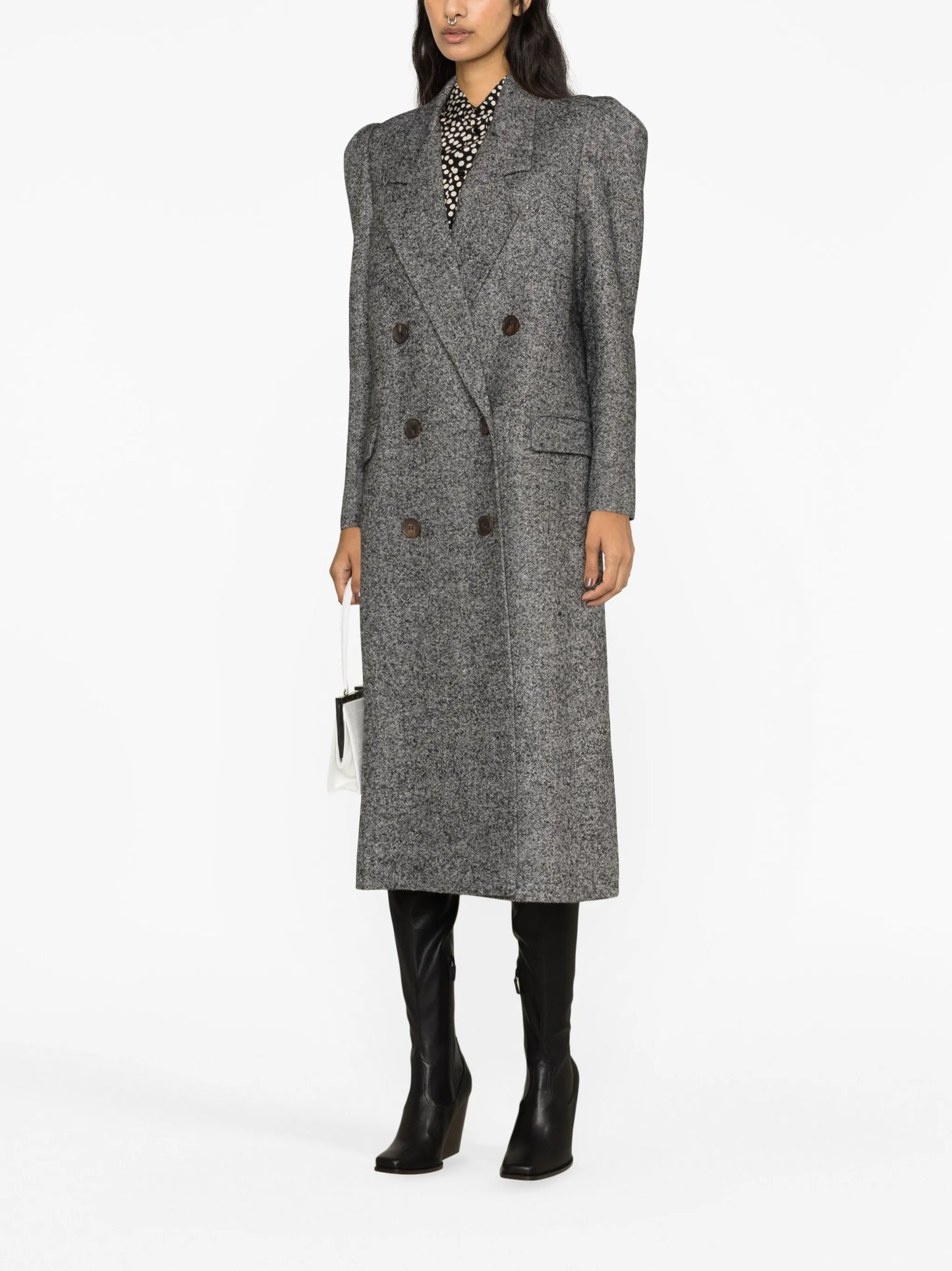 puff-shoulder double-breasted coat