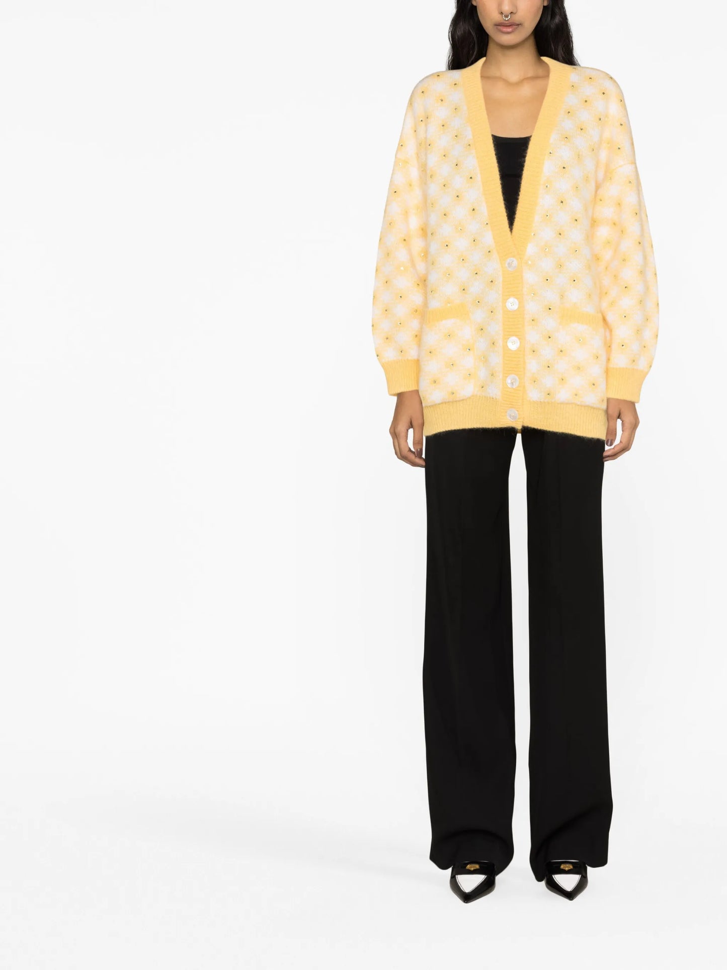 check-pattern embellished cardigan
