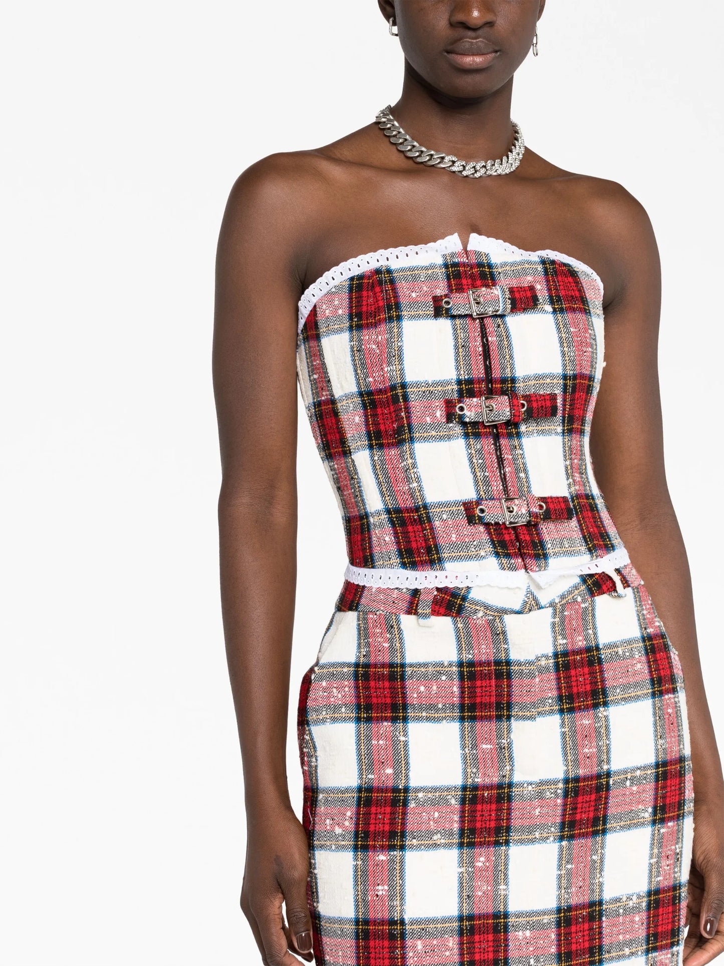 tartan-print strapless bandeau top