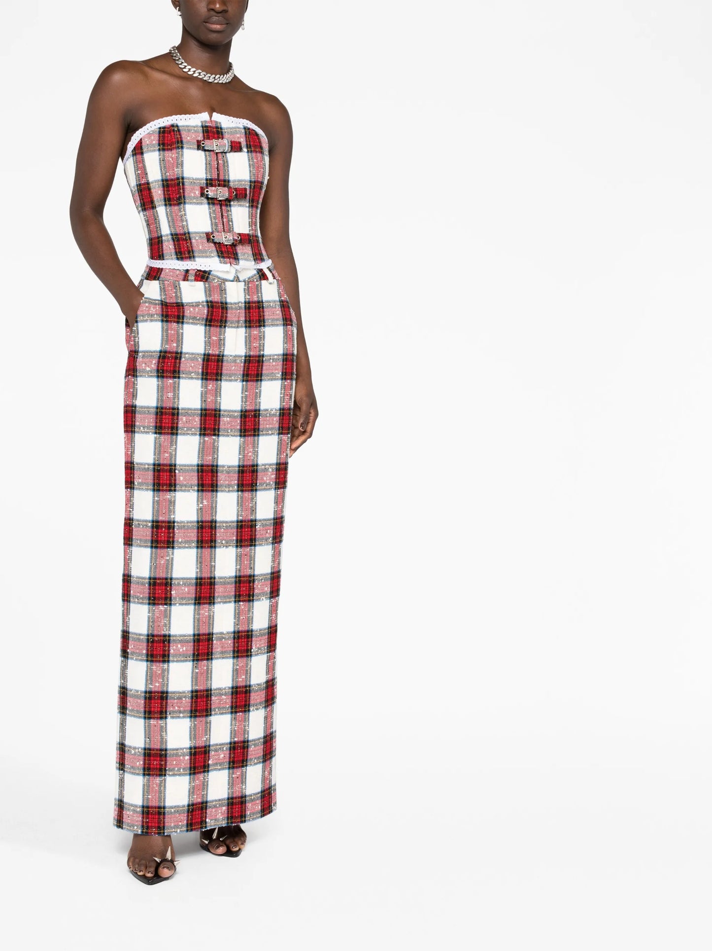 tartan-print strapless bandeau top