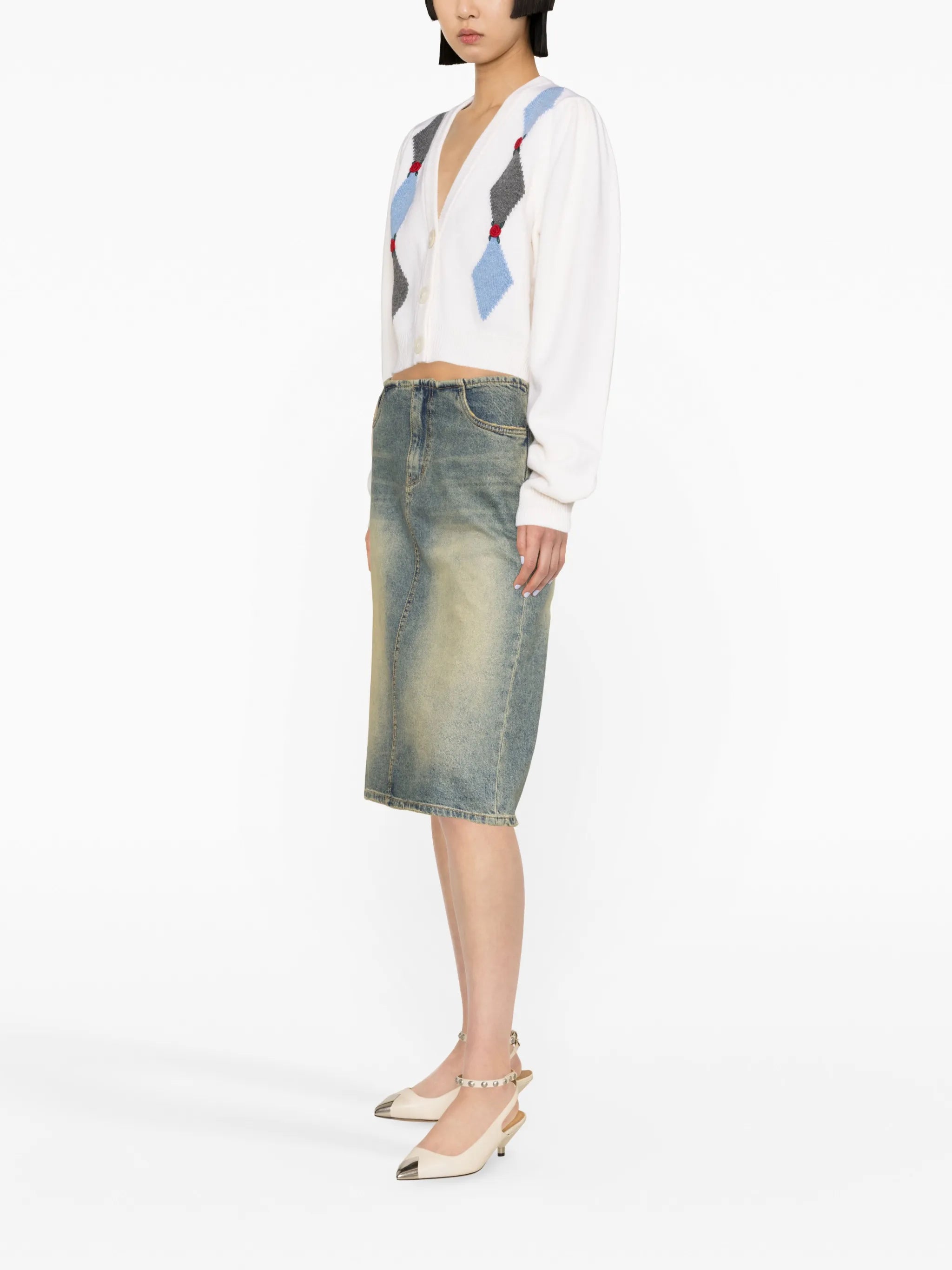floral-embellished argyle wool cardigan