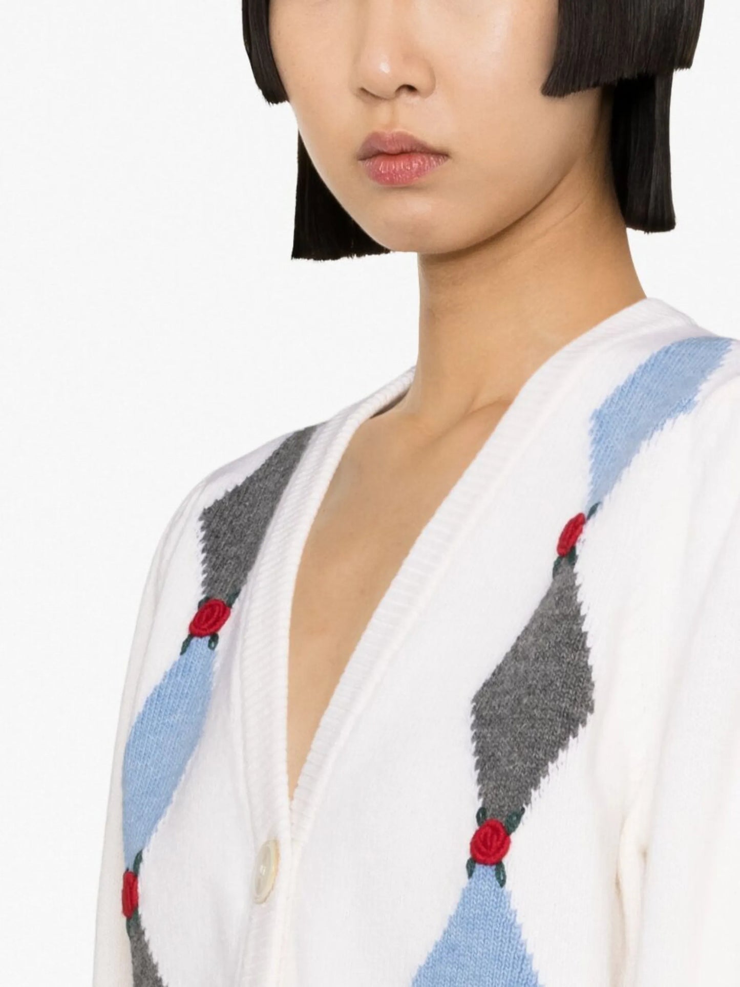 floral-embellished argyle wool cardigan